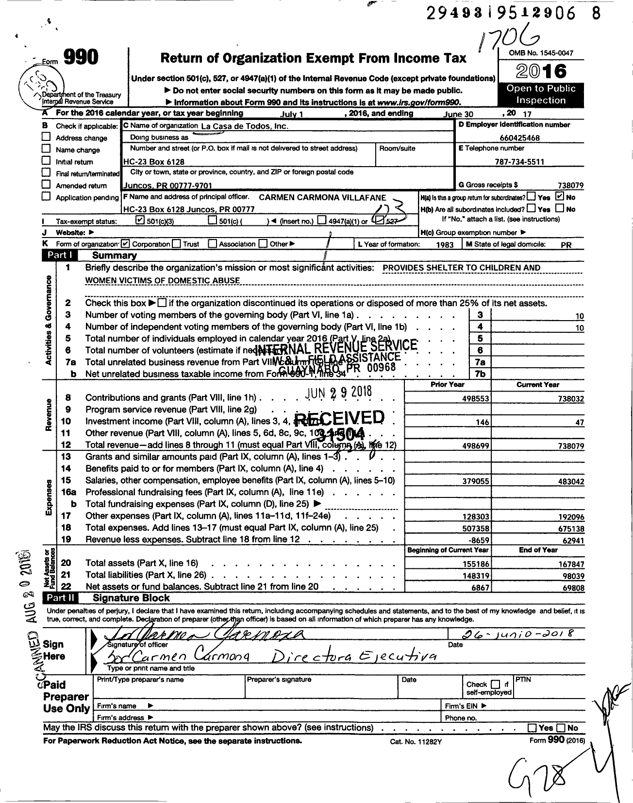 Image of first page of 2016 Form 990 for La Casa de Todos