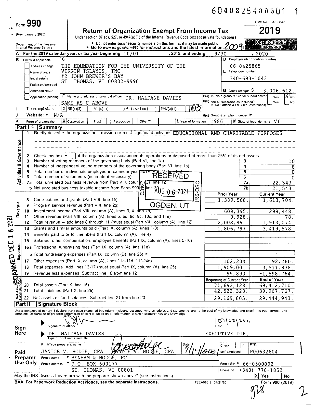 Image of first page of 2019 Form 990 for The Foundation for the University of the Virgin Islands