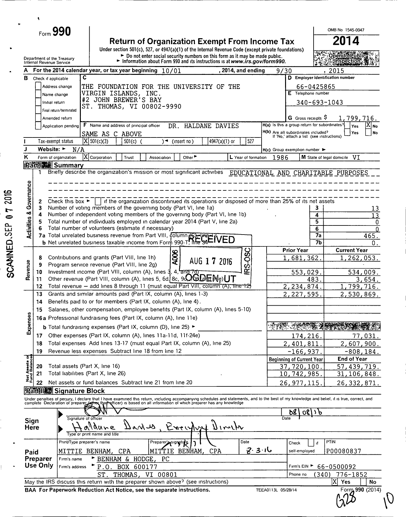 Image of first page of 2014 Form 990 for The Foundation for the University of the Virgin Islands