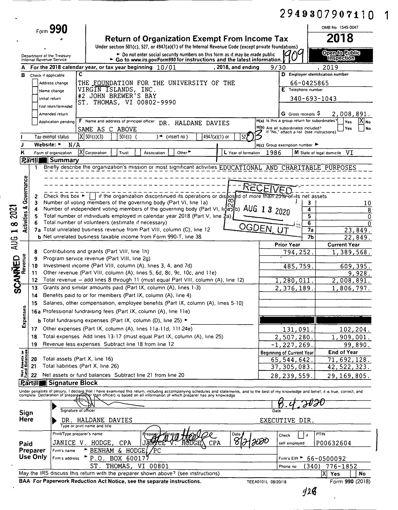 Image of first page of 2018 Form 990 for The Foundation for the University of the Virgin Islands