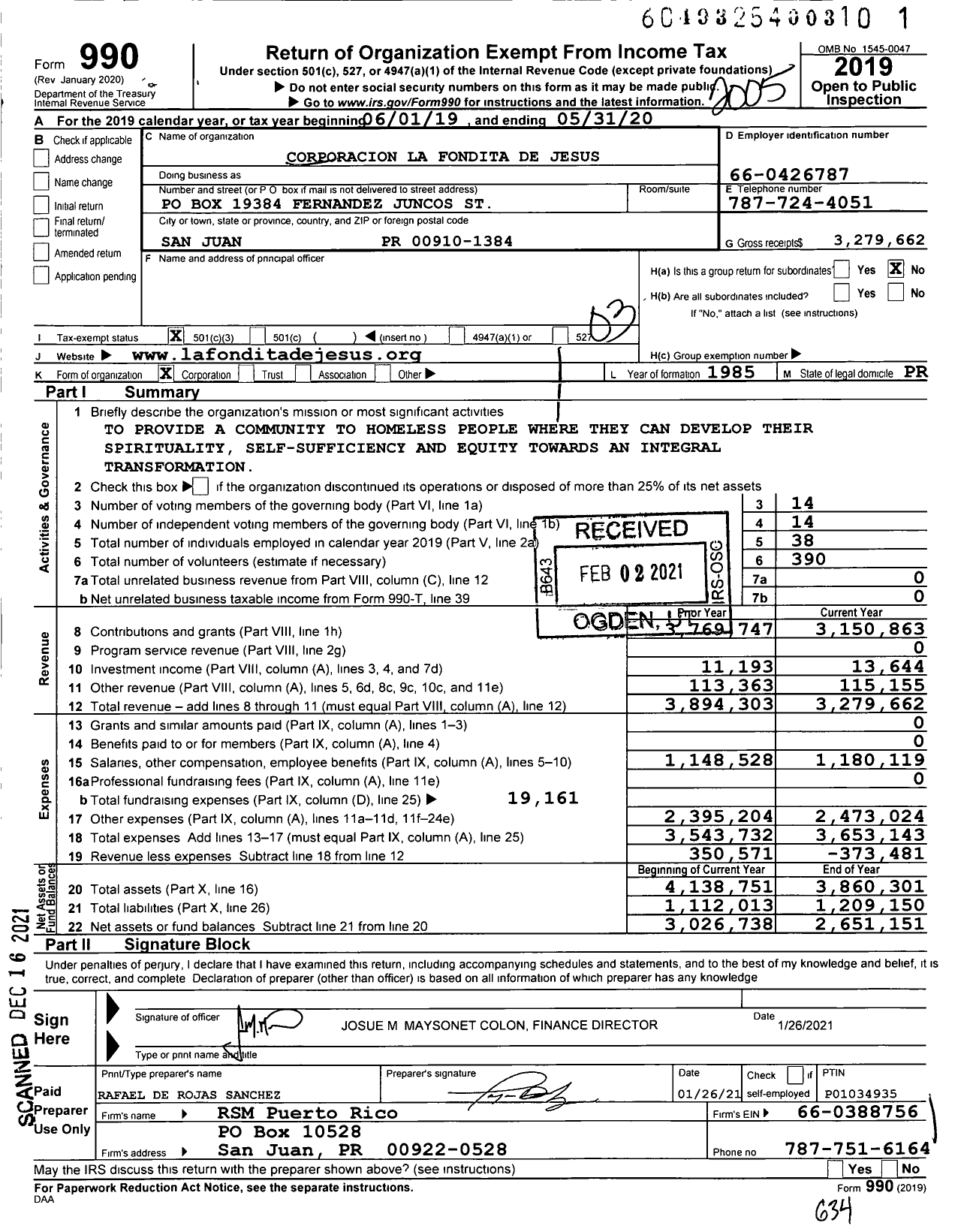 Image of first page of 2019 Form 990 for Corporacion La Fondita de Jesus