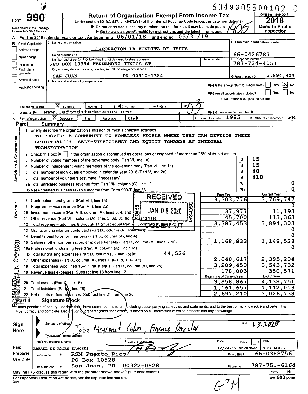 Image of first page of 2018 Form 990 for Corporacion La Fondita de Jesus