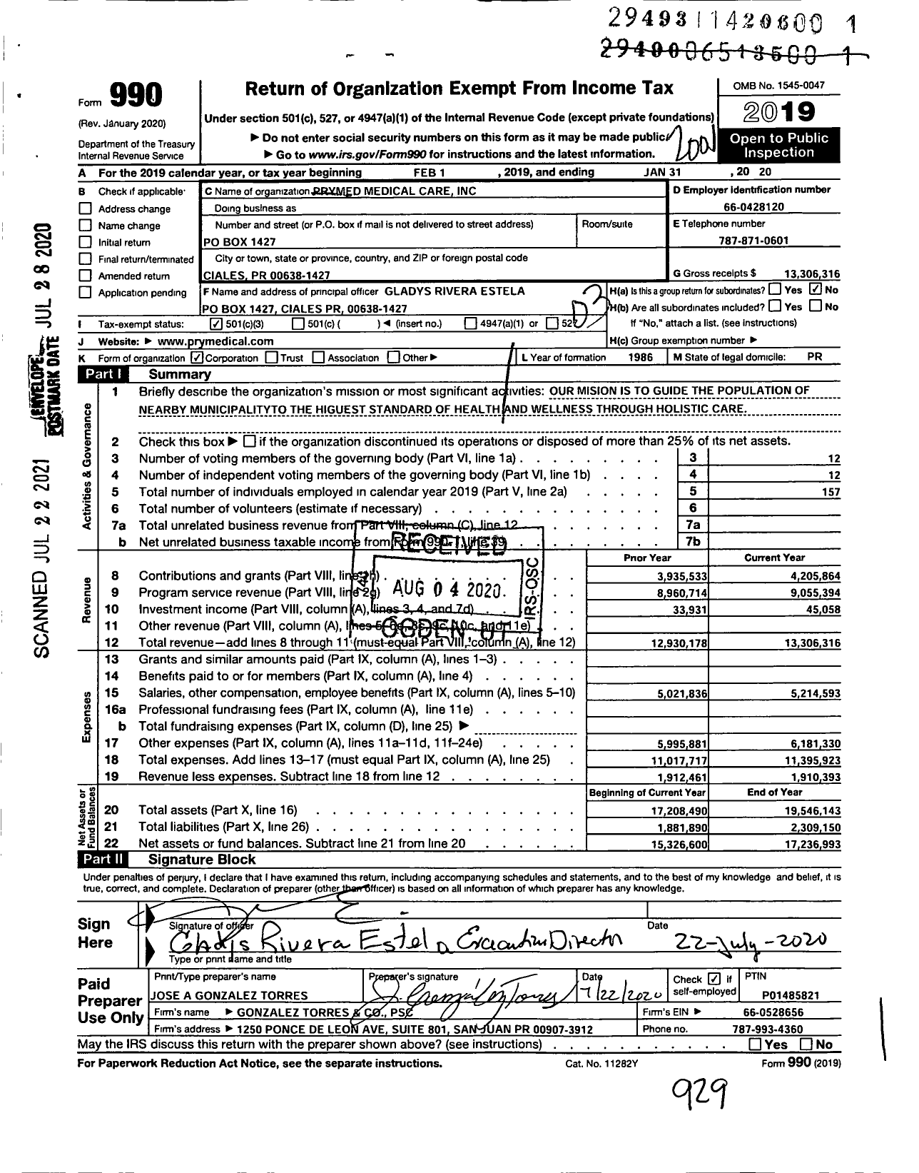 Image of first page of 2019 Form 990 for PryMed Medical Care
