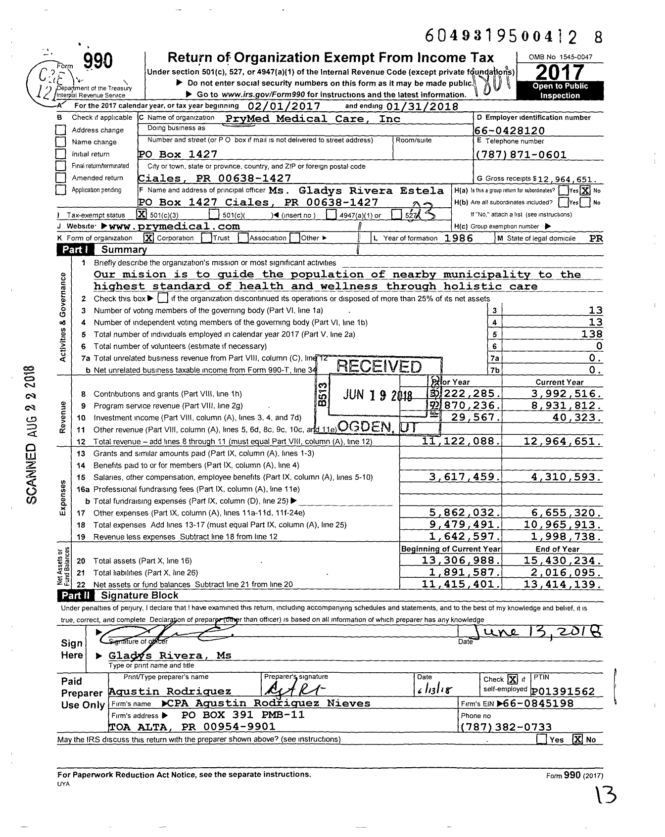 Image of first page of 2017 Form 990 for PryMed Medical Care