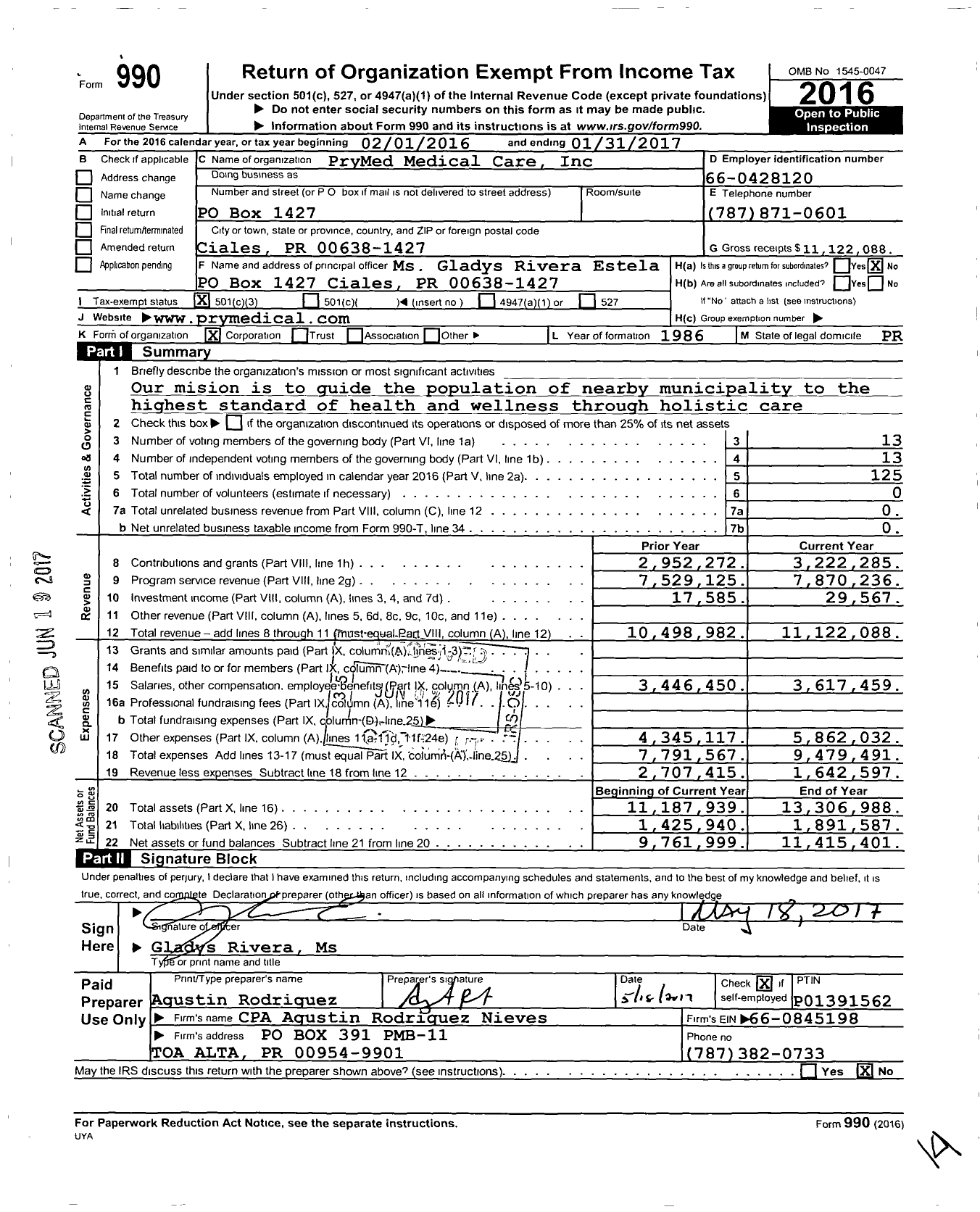 Image of first page of 2016 Form 990 for PryMed Medical Care