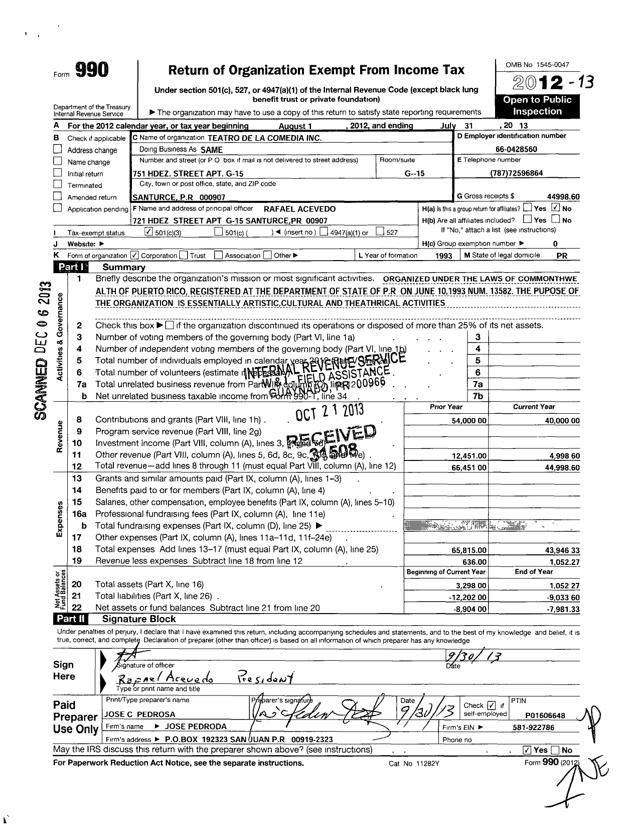 Image of first page of 2012 Form 990 for Teatro de La Comedia