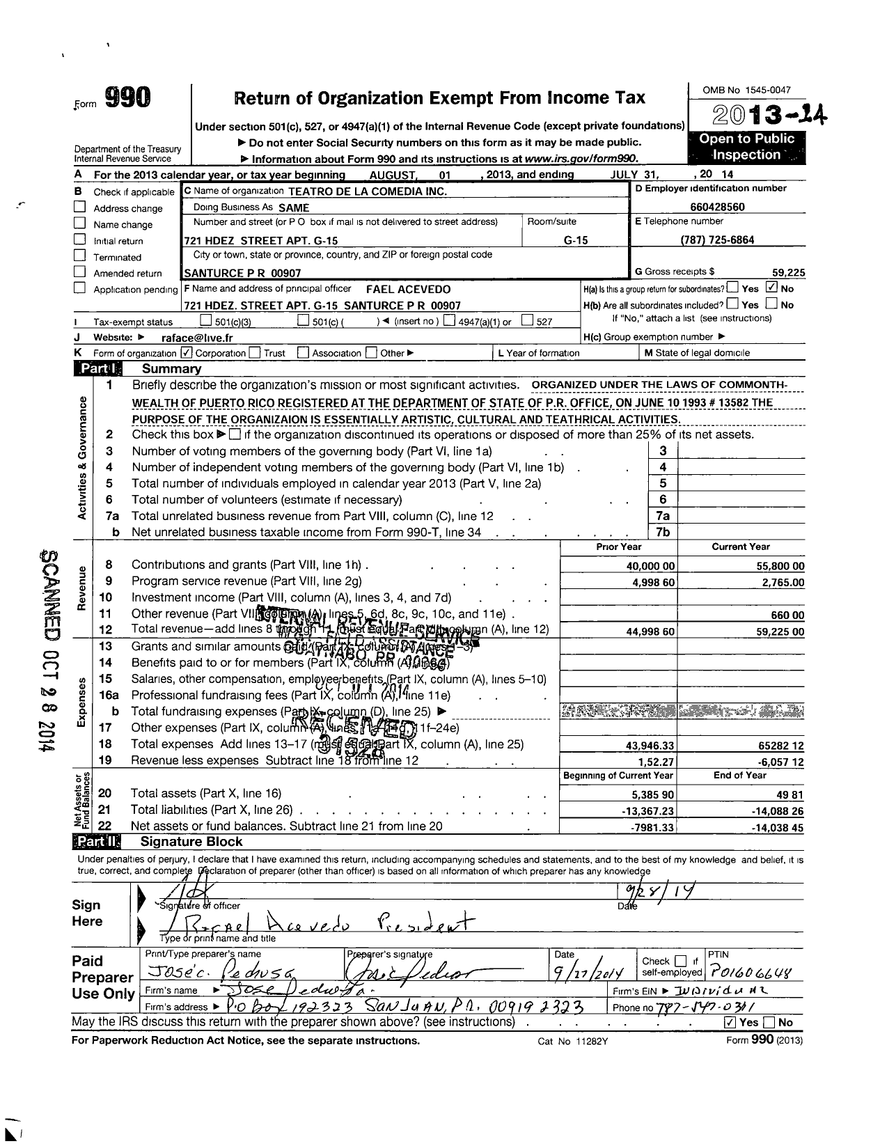 Image of first page of 2013 Form 990O for Teatro de La Comedia