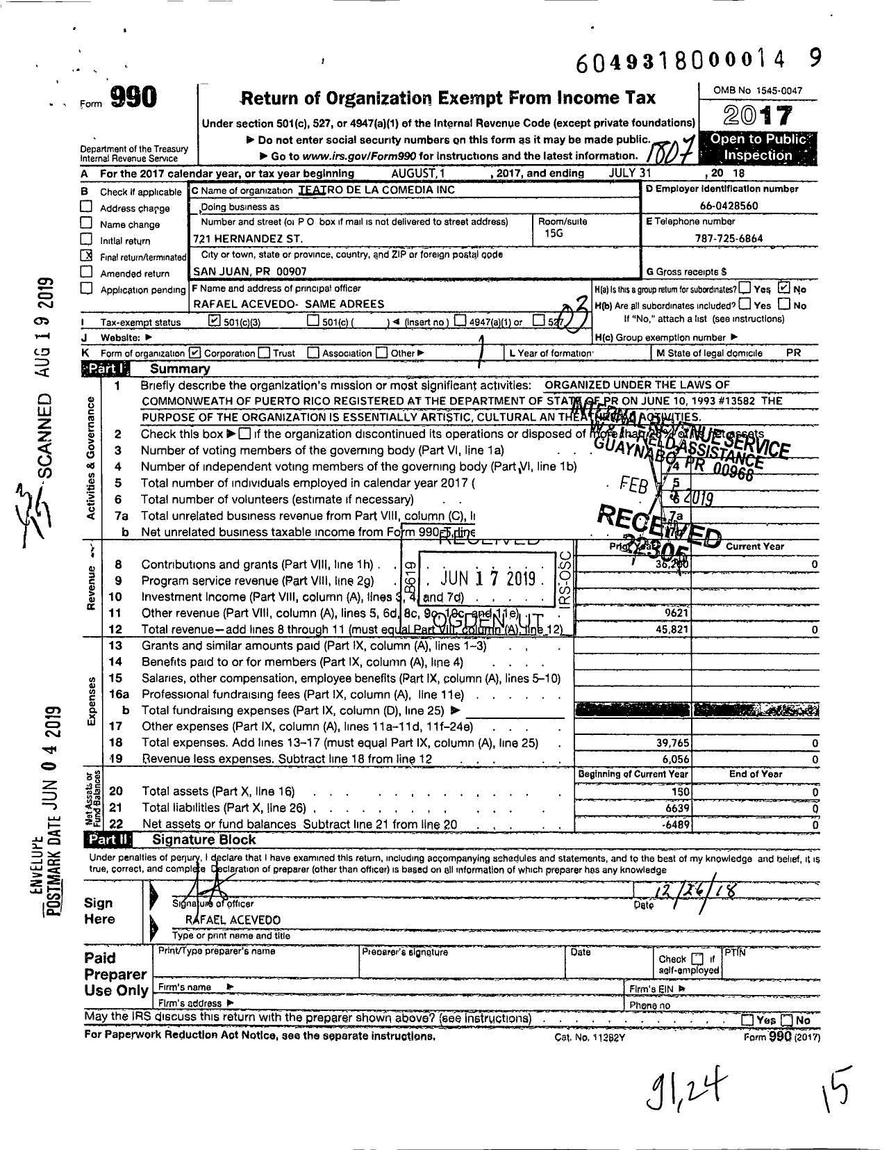 Image of first page of 2017 Form 990 for Teatro de La Comedia