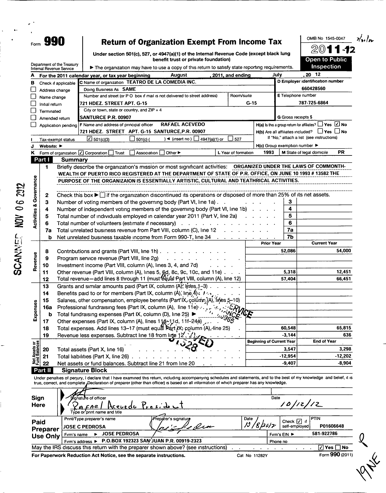 Image of first page of 2011 Form 990 for Teatro de La Comedia