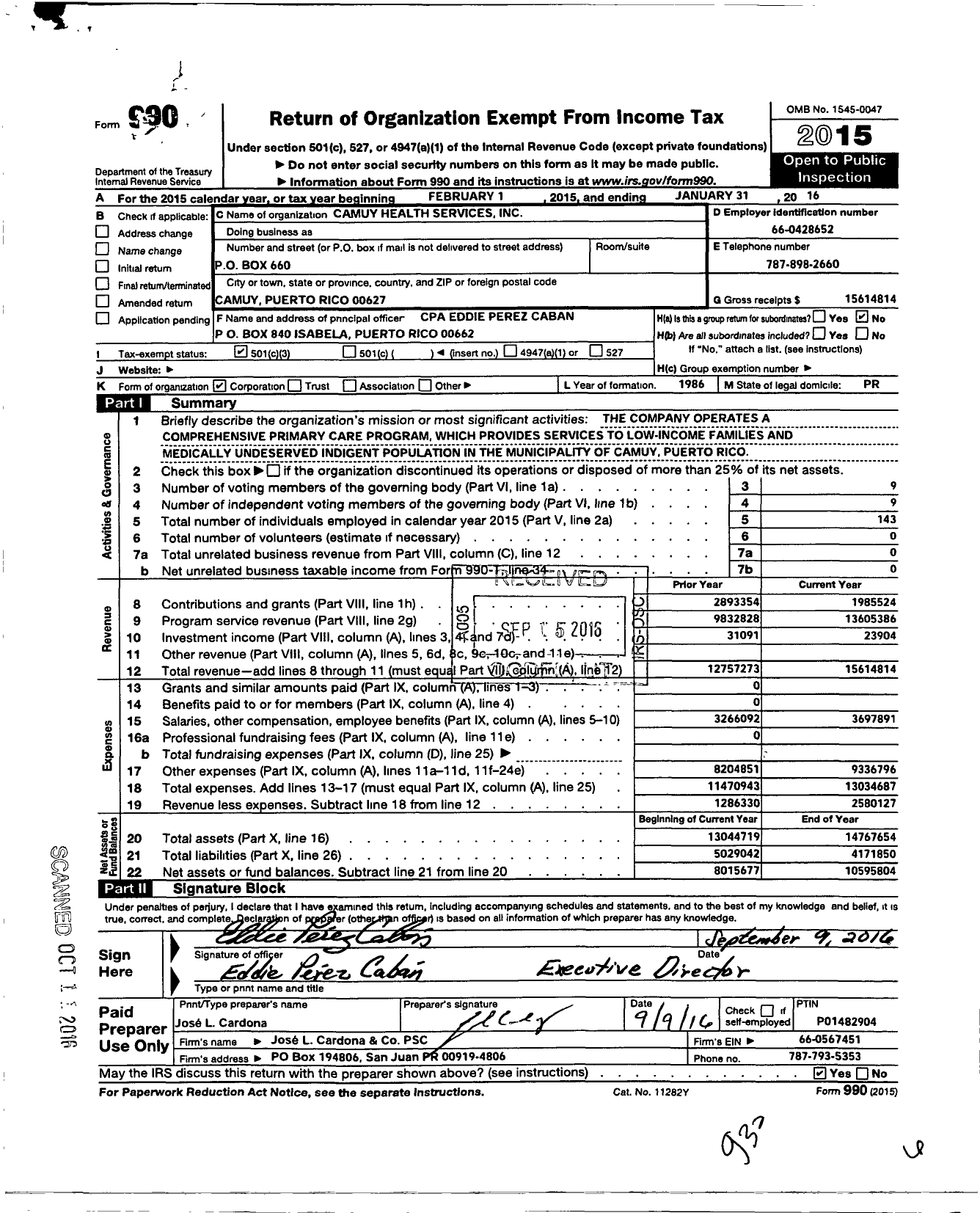 Image of first page of 2015 Form 990 for Camuy Health Services