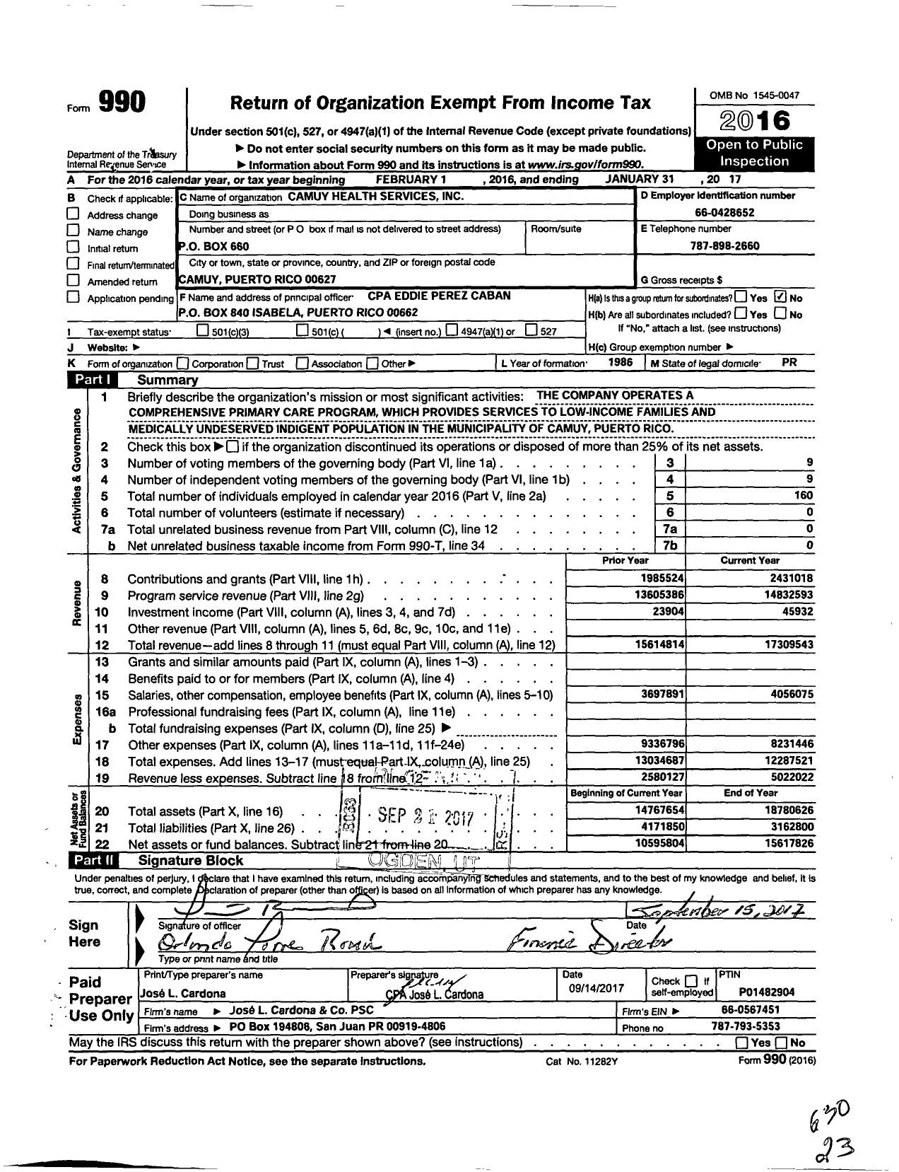 Image of first page of 2016 Form 990O for Camuy Health Services