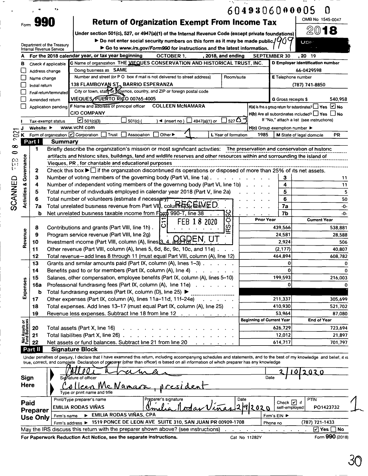 Image of first page of 2018 Form 990 for The Vieques Conservation and Historical Trust the Vieques Conservation and Historical Trust