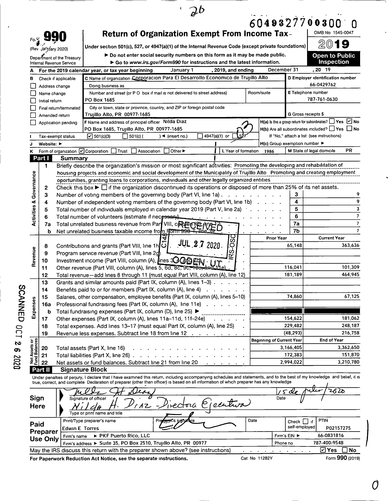 Image of first page of 2019 Form 990 for Corporacion para el Desarrollo Economico Desarrollo Trujillo Al CDETA