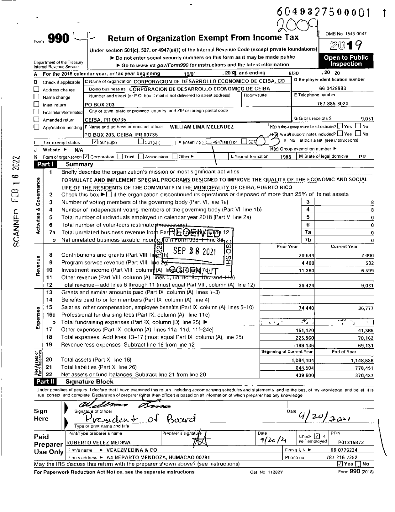 Image of first page of 2019 Form 990 for Corporacion de Desarrollo Economico de Ceiba CD