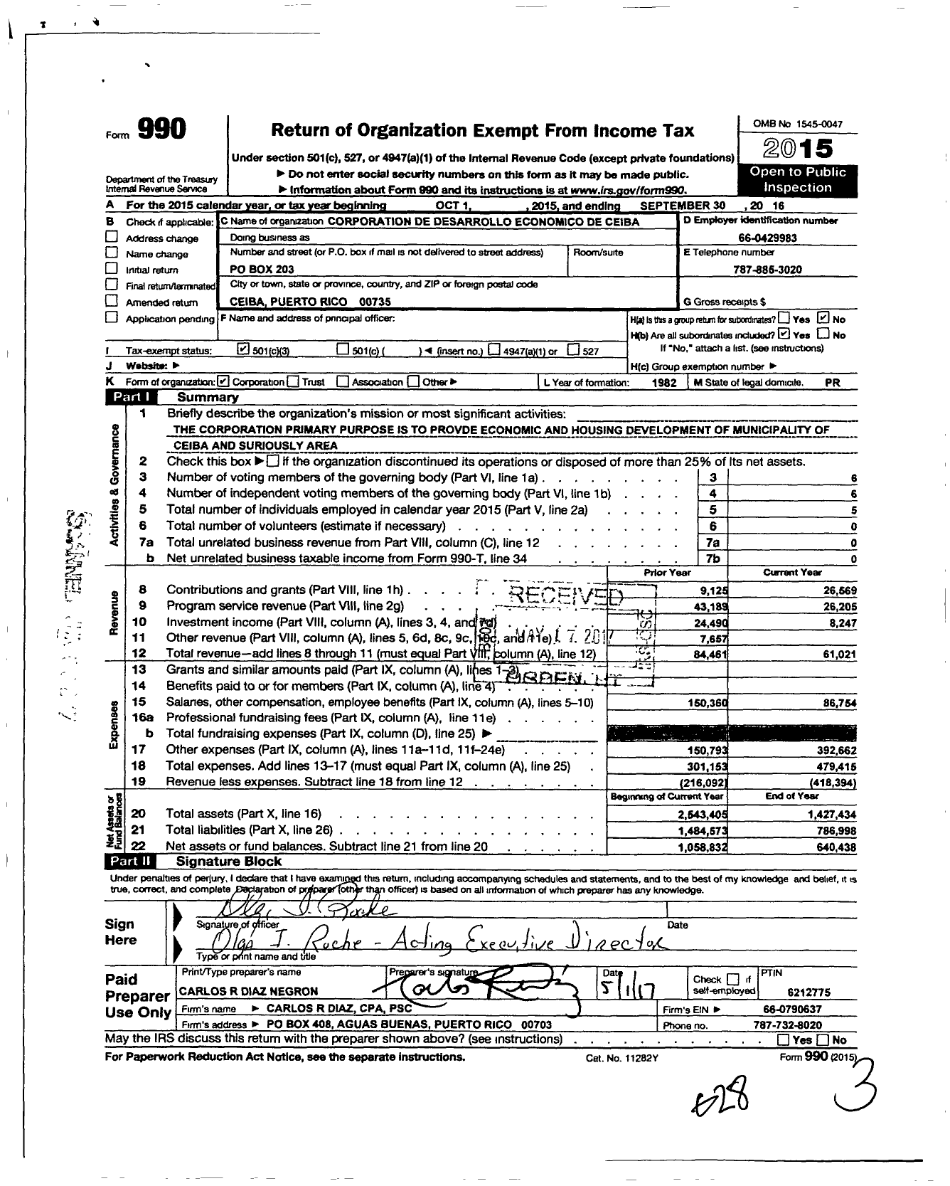 Image of first page of 2015 Form 990 for Corporacion de Desarrollo Economico de Ceiba CD