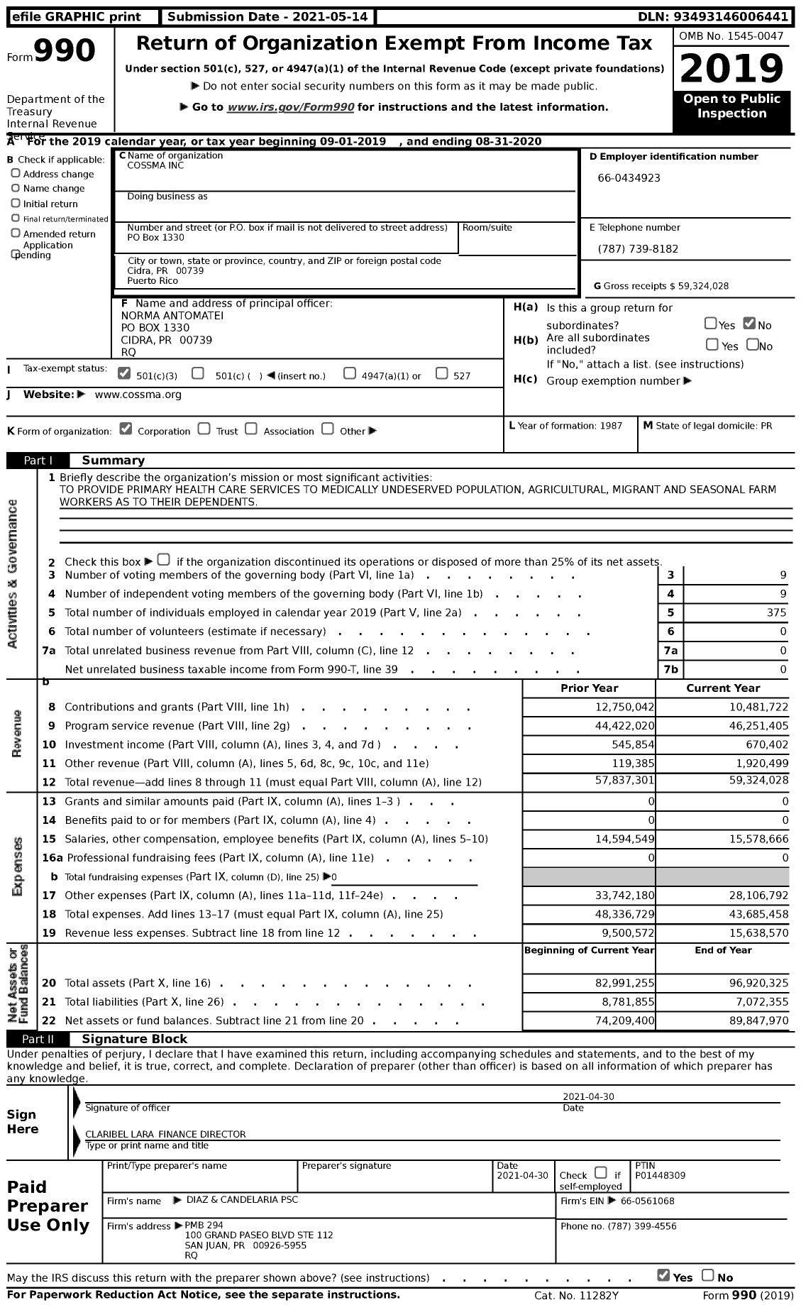 Image of first page of 2019 Form 990 for Cossma