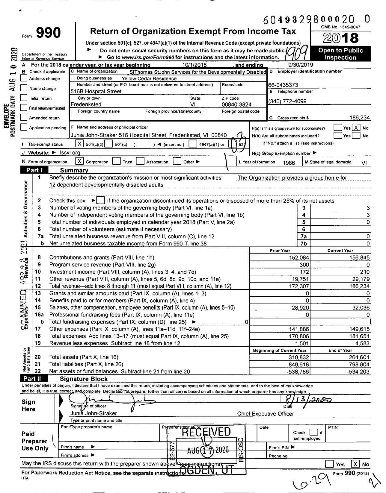 Image of first page of 2018 Form 990 for Yellow Cedar Residence