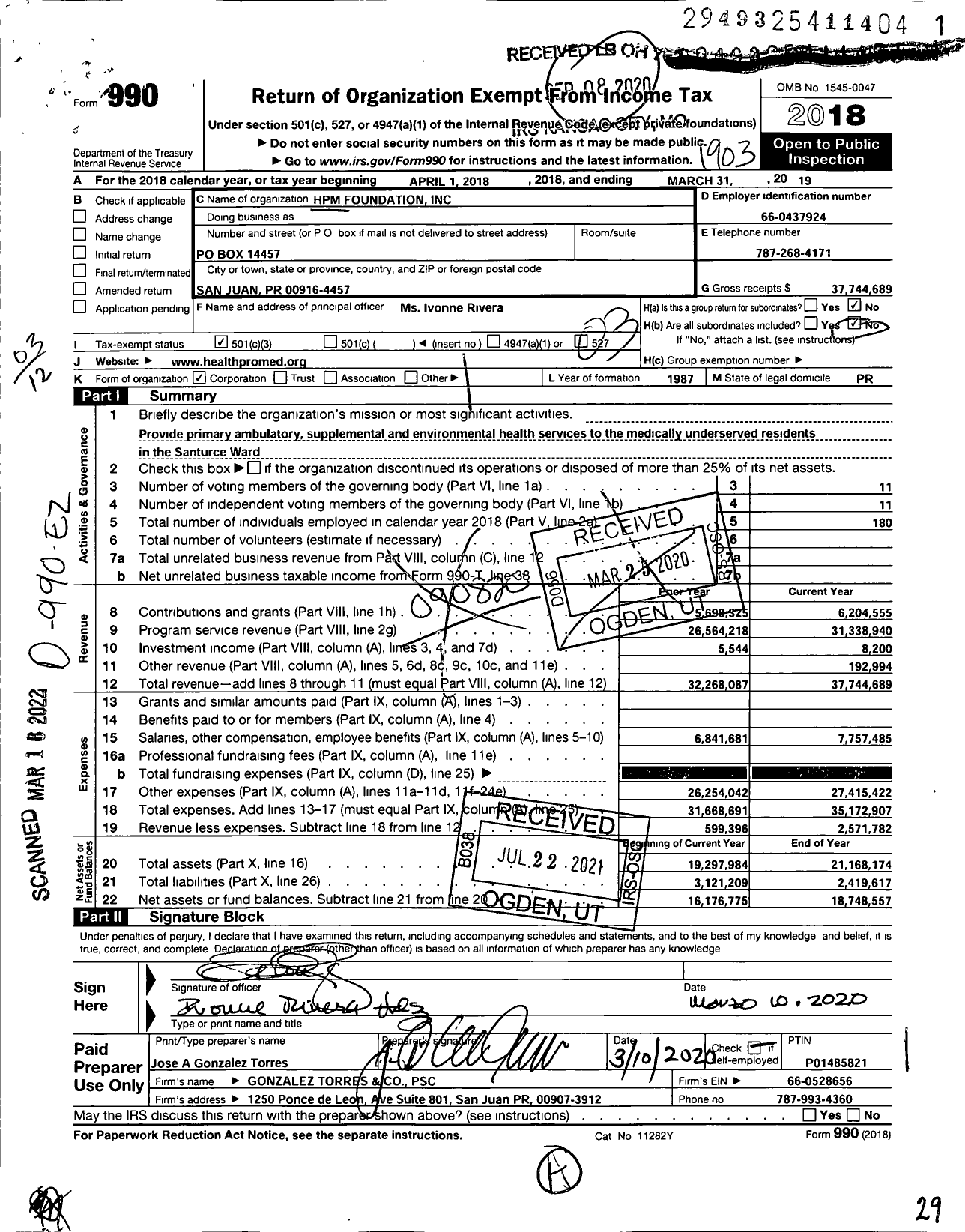 Image of first page of 2018 Form 990 for HPM Foundation