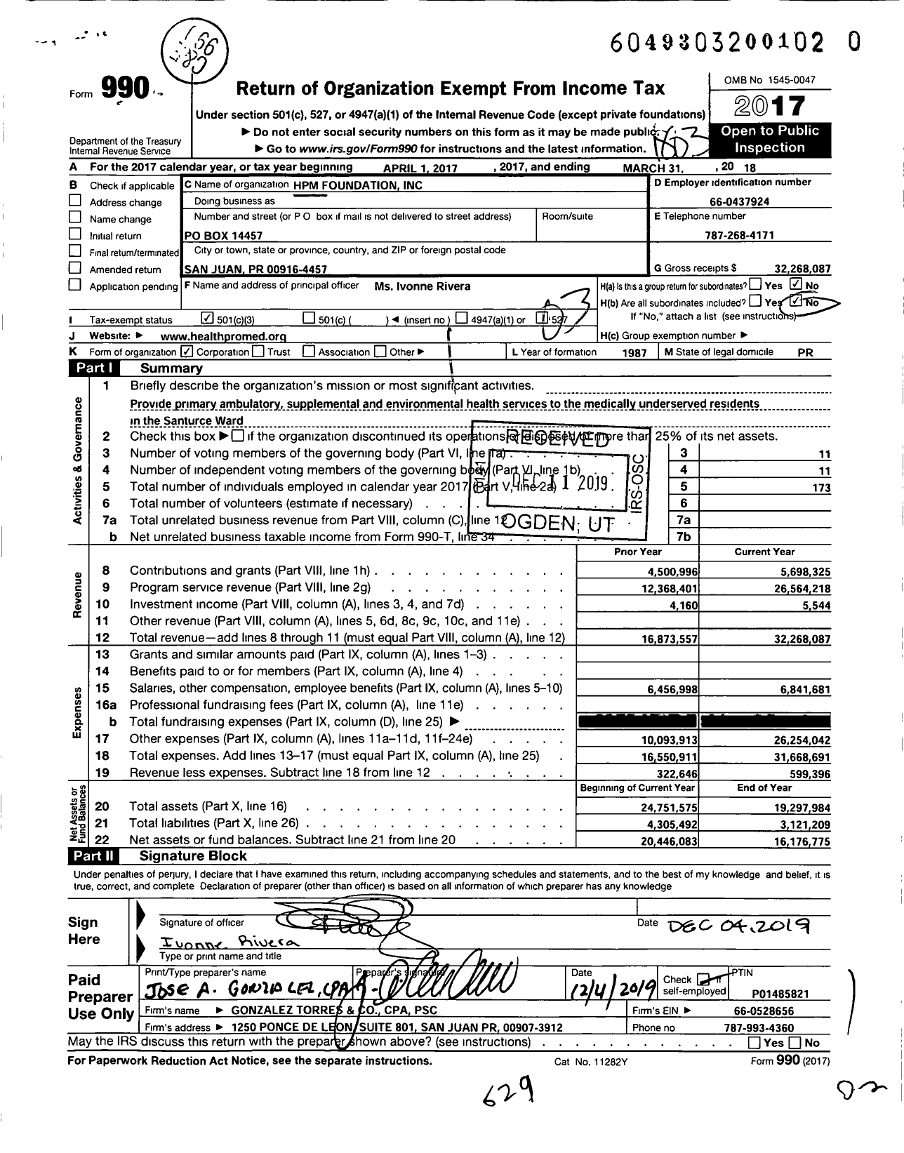 Image of first page of 2017 Form 990 for HPM Foundation