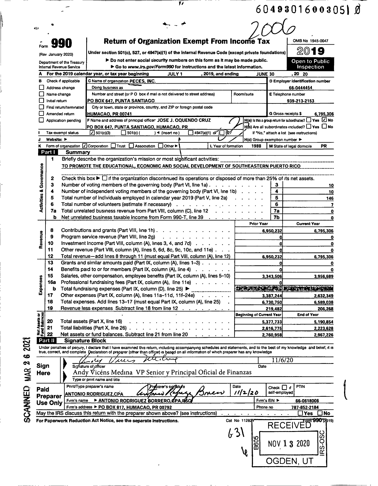 Image of first page of 2019 Form 990 for P.E.C.E.S., Inc.