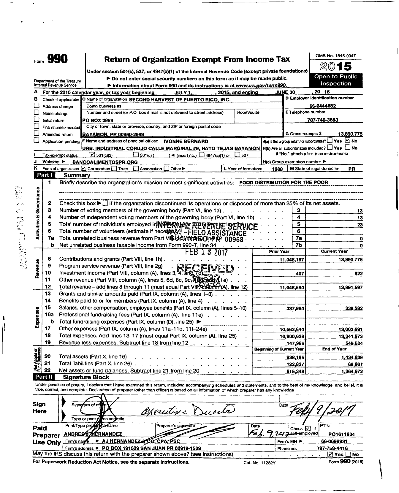 Image of first page of 2015 Form 990 for Banco de Alimento de Puerto Rico |