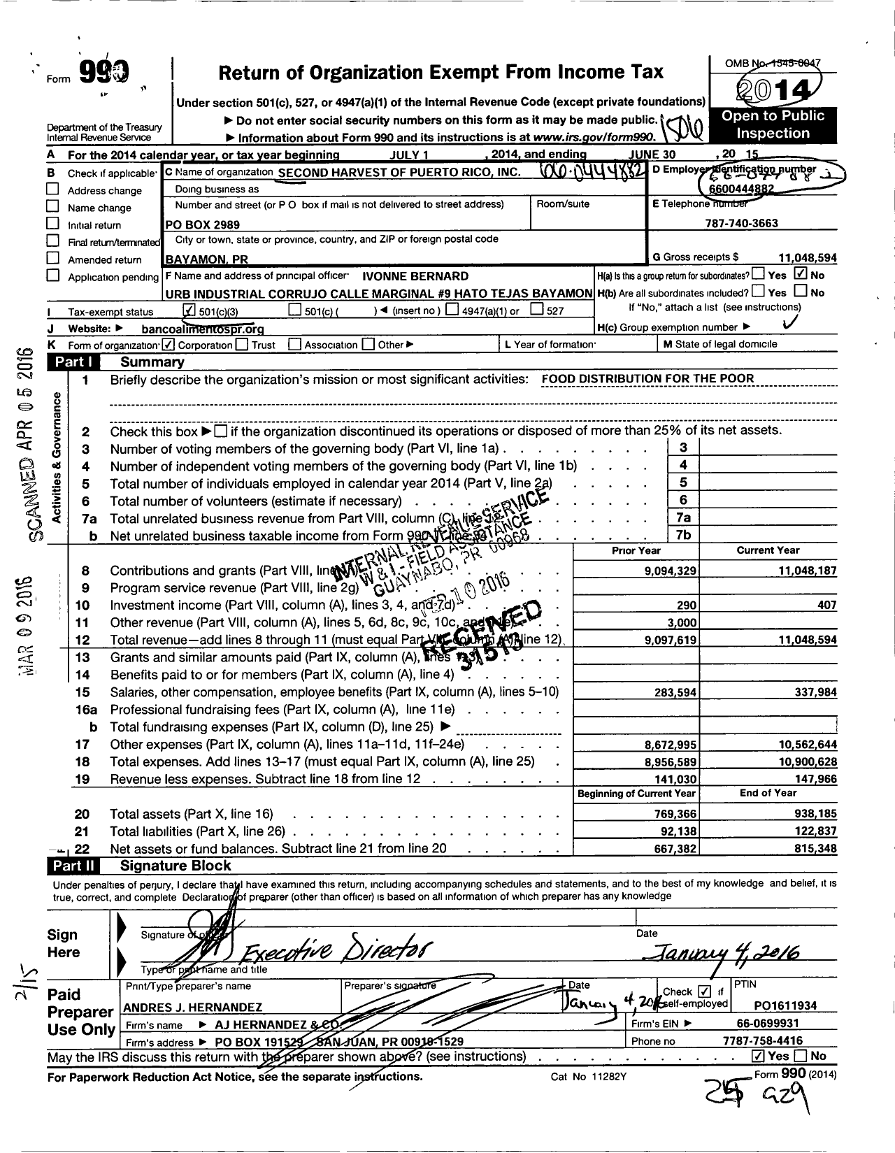 Image of first page of 2014 Form 990 for Banco de Alimento de Puerto Rico |