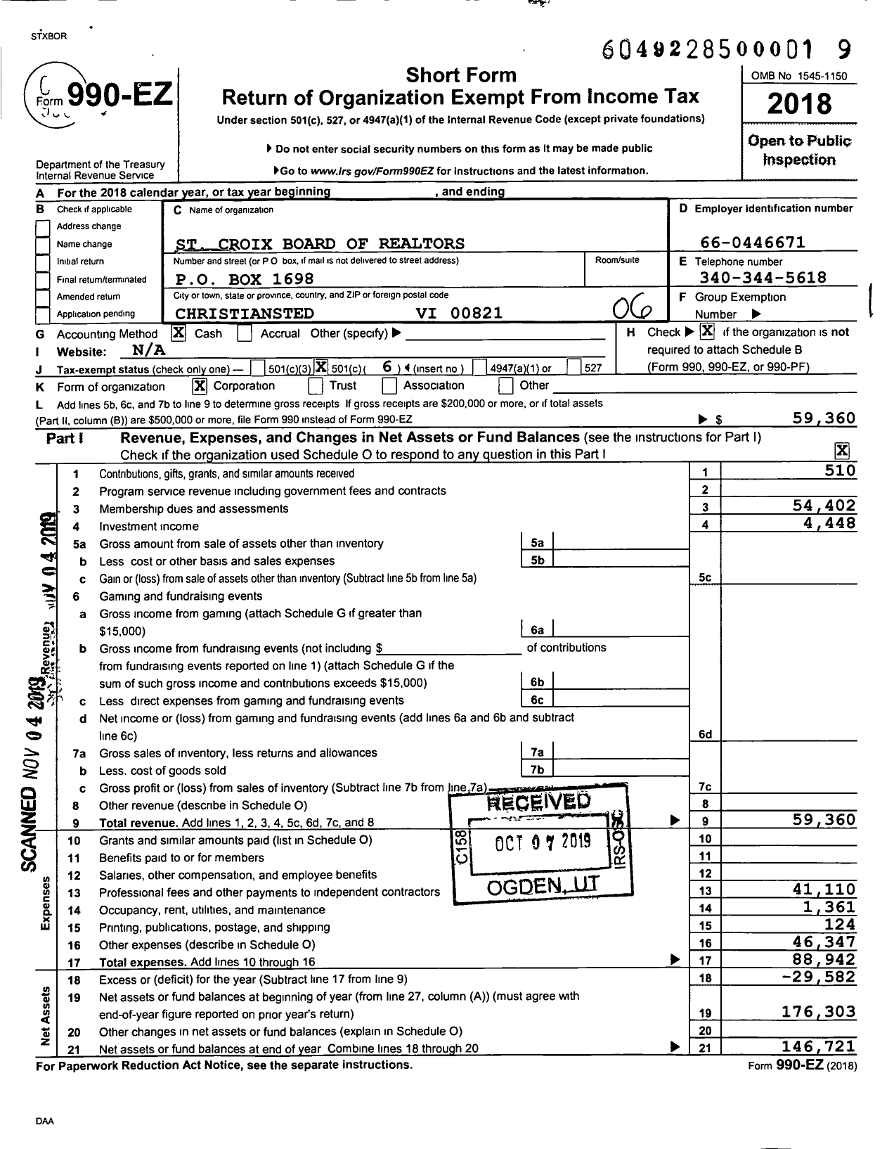 Image of first page of 2018 Form 990EO for St Croix Board of Realtors