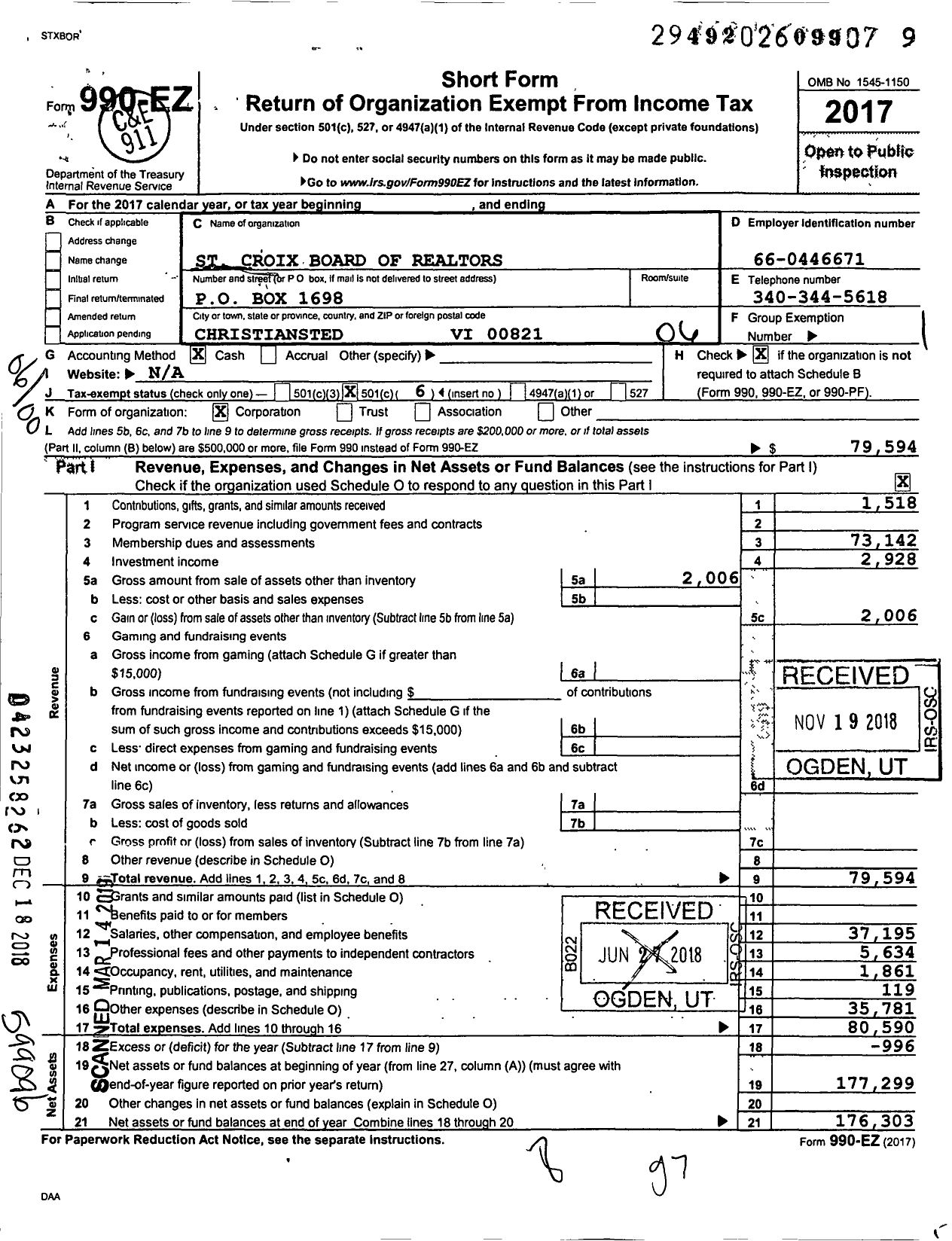 Image of first page of 2017 Form 990EO for St Croix Board of Realtors