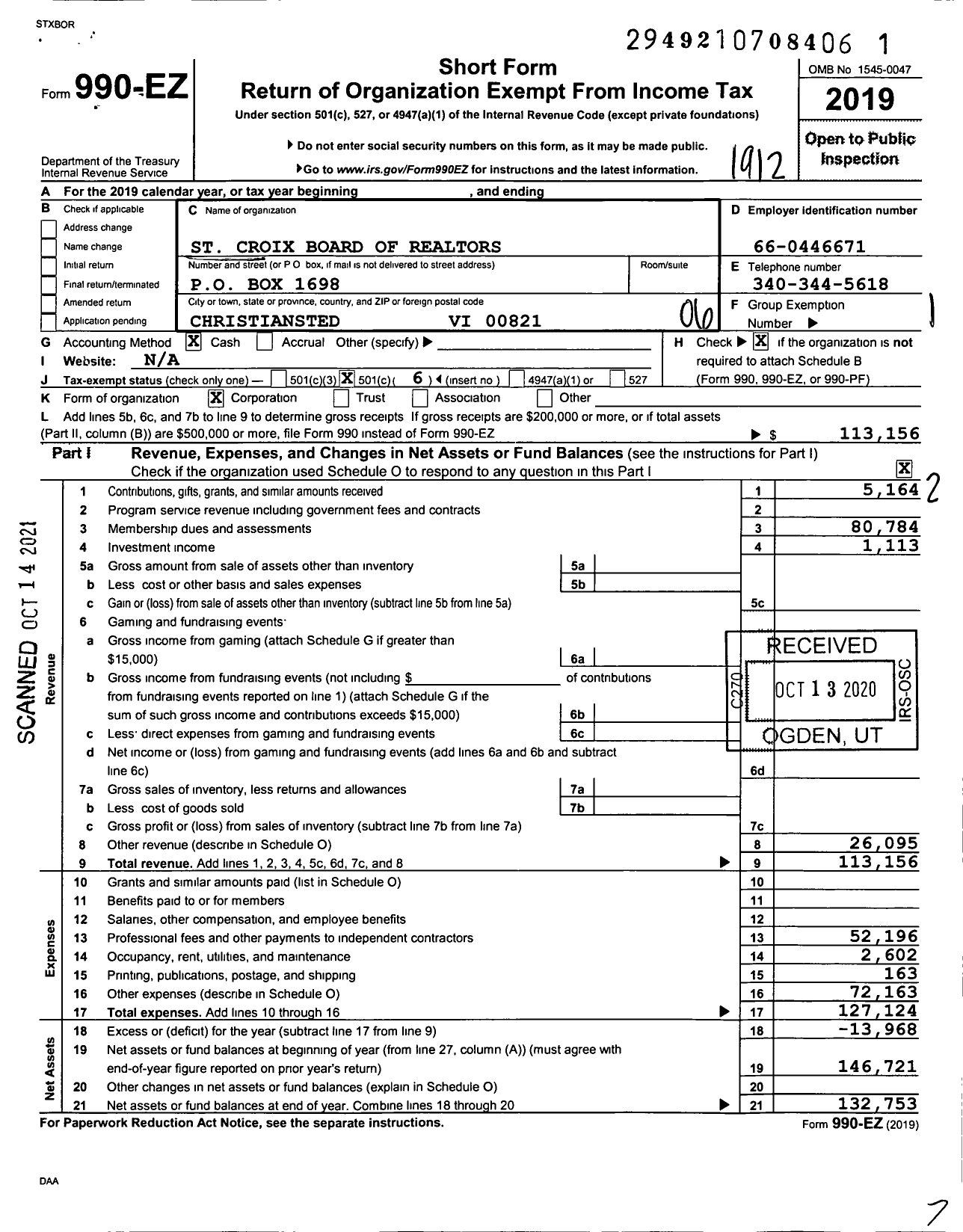 Image of first page of 2019 Form 990EO for St Croix Board of Realtors