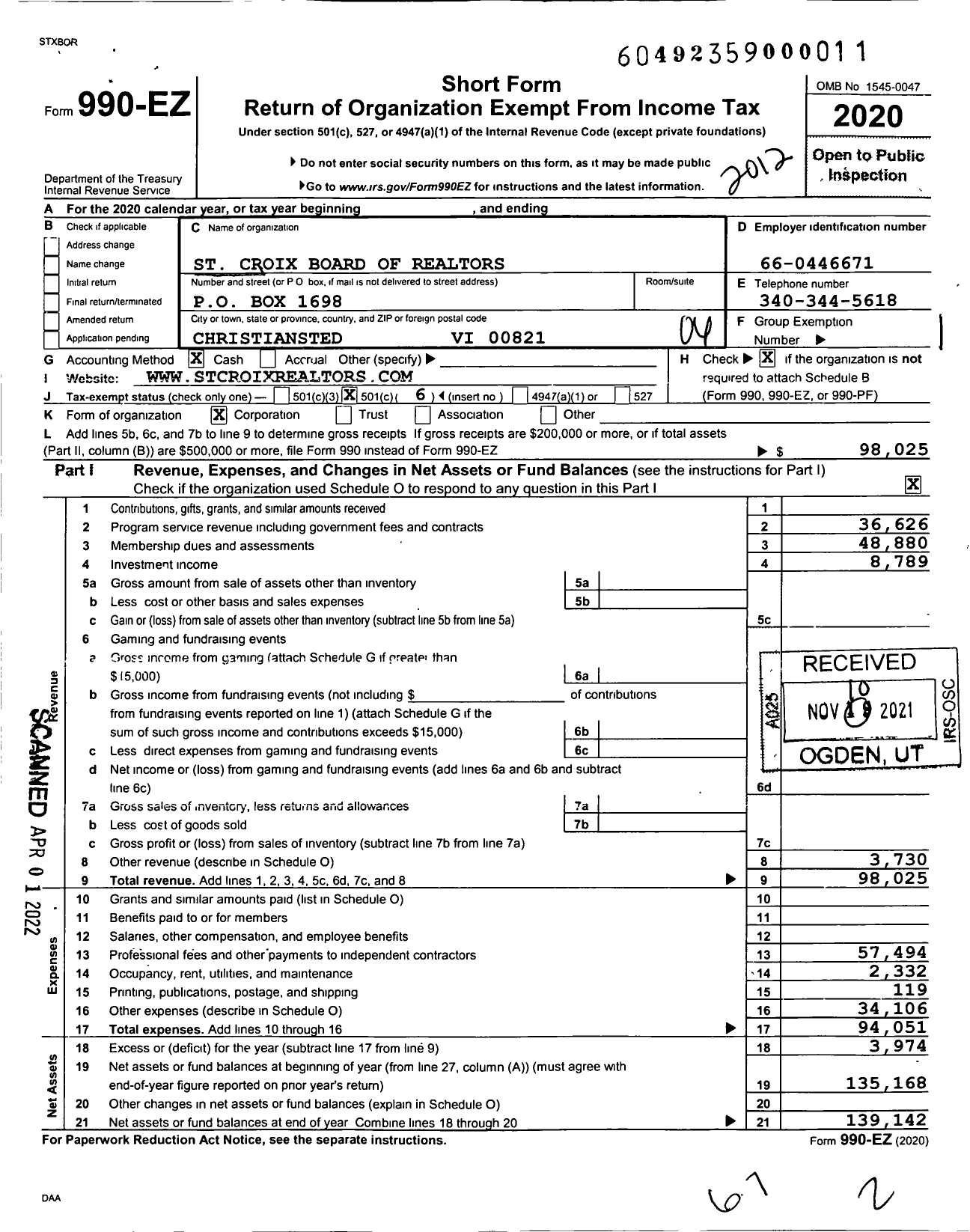 Image of first page of 2020 Form 990EO for St Croix Board of Realtors