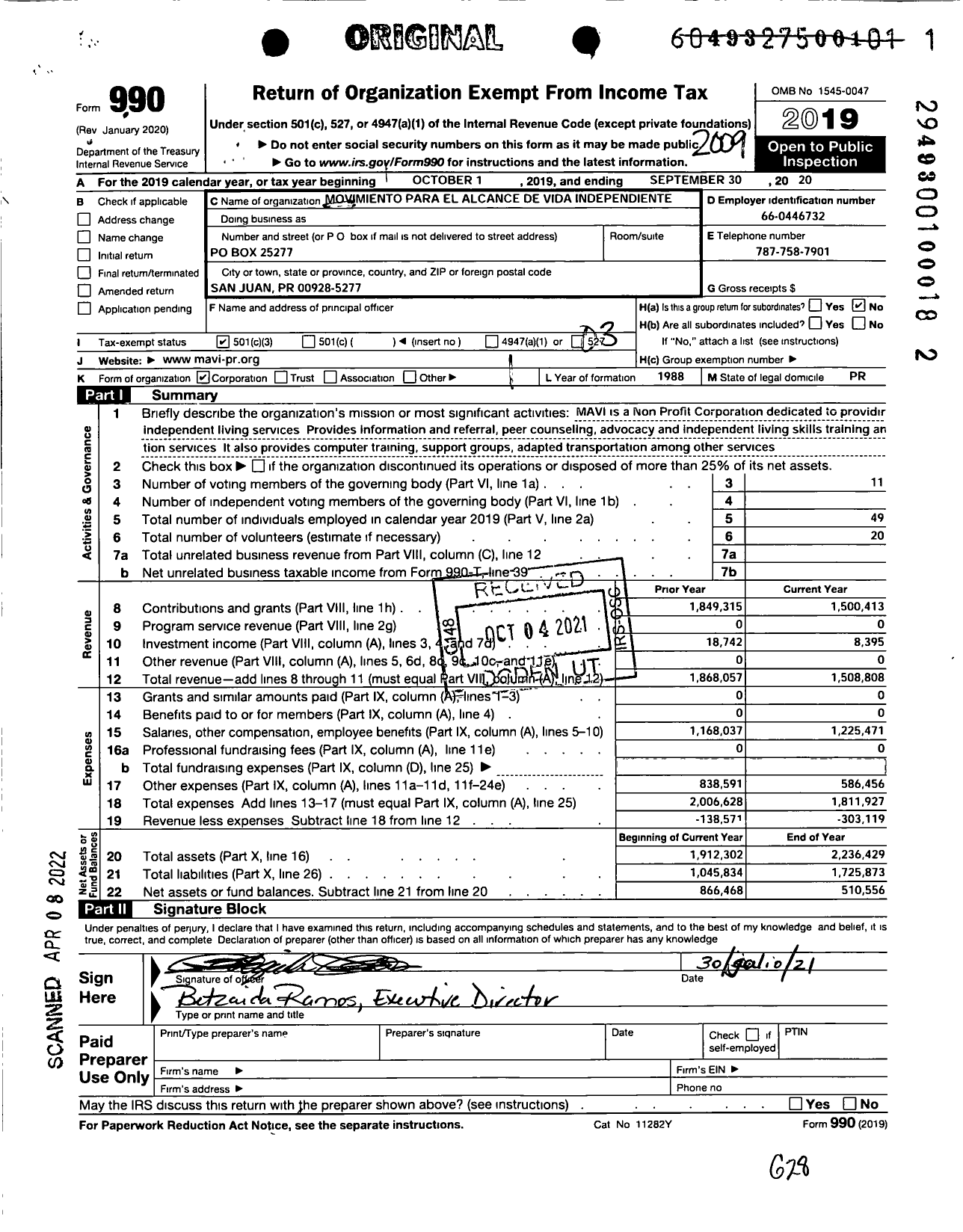 Image of first page of 2019 Form 990 for Movimiento Para El Alcance de Vida Independiente