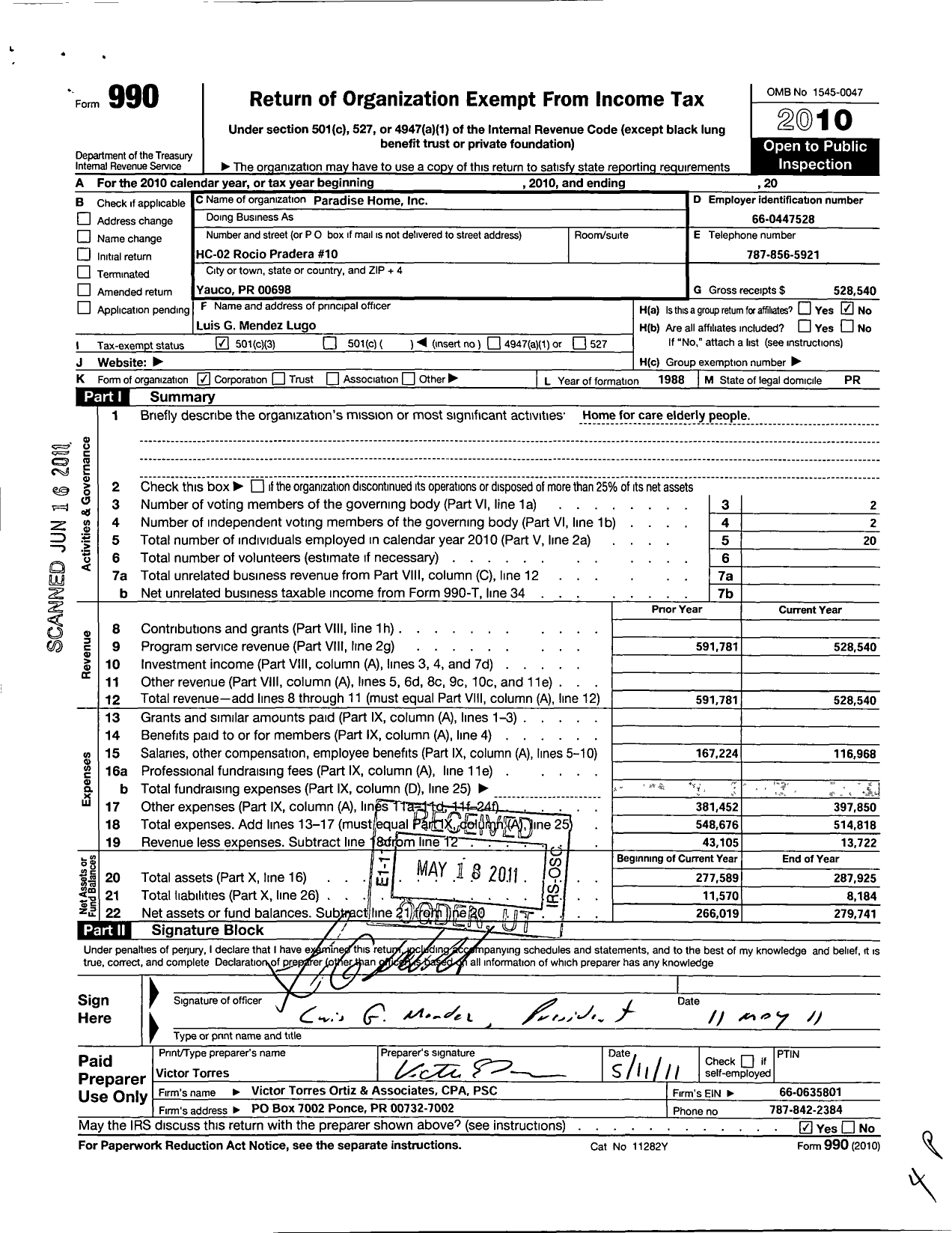 Image of first page of 2010 Form 990 for Paradise Home