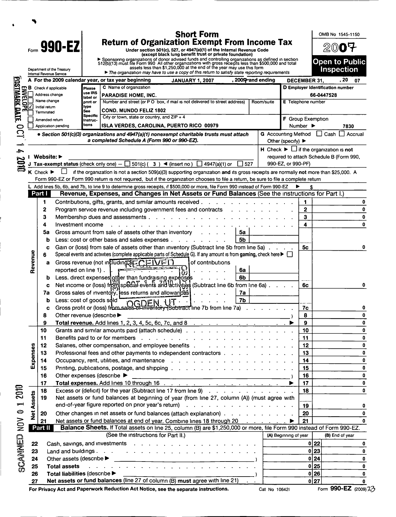 Image of first page of 2007 Form 990EZ for Paradise Home