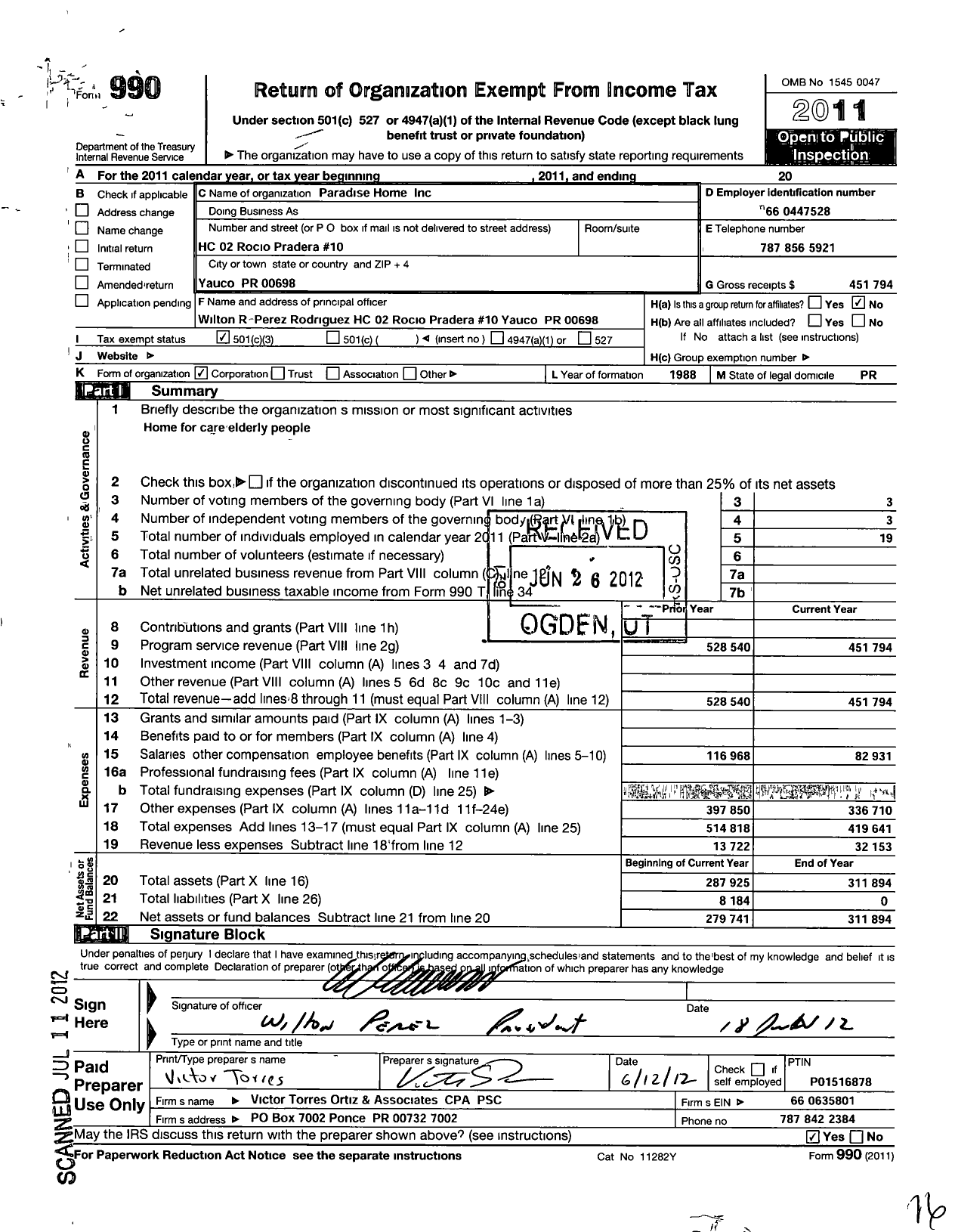 Image of first page of 2011 Form 990 for Paradise Home