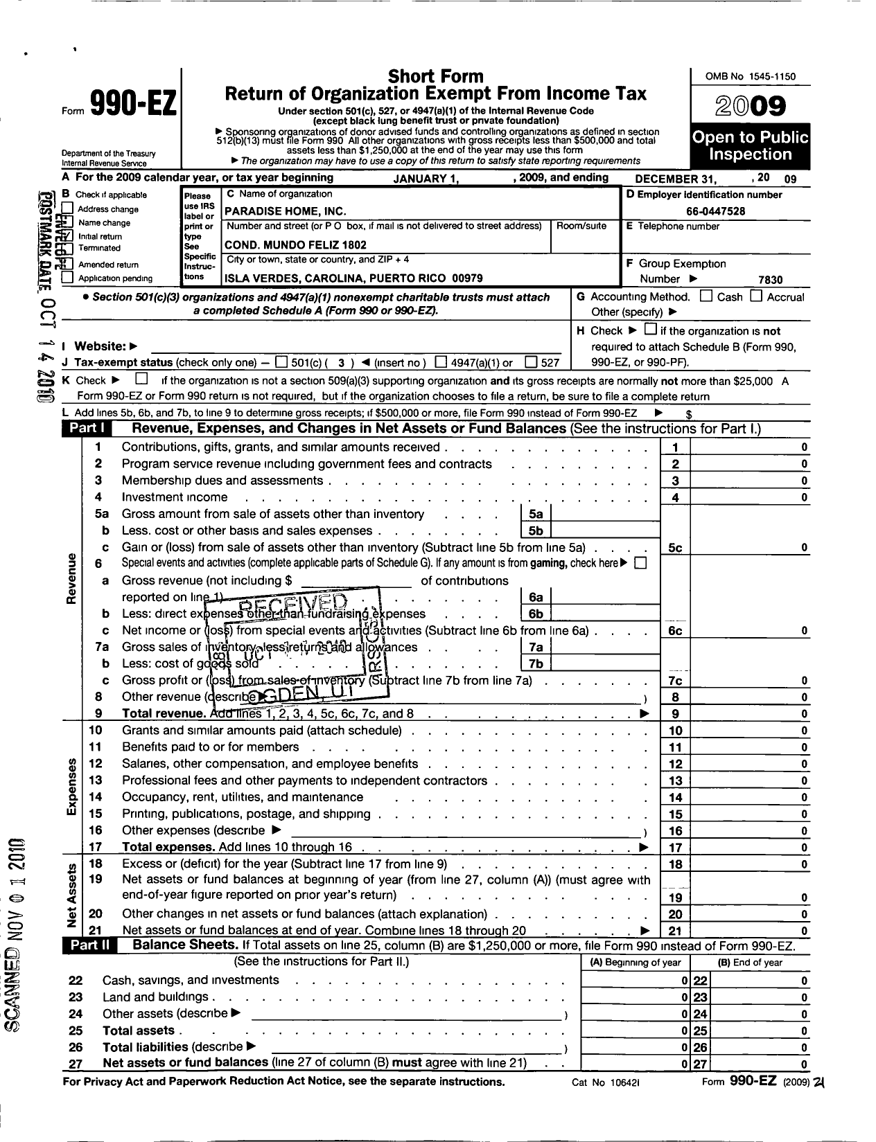 Image of first page of 2009 Form 990EZ for Paradise Home