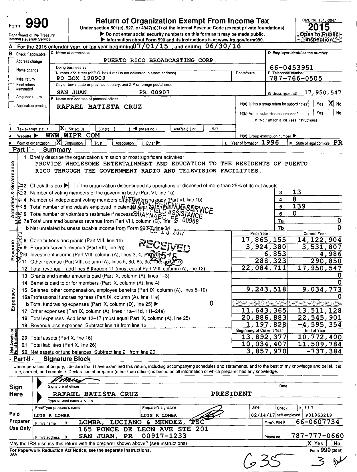 Image of first page of 2015 Form 990 for Puerto Rico Broadcasting Corporation