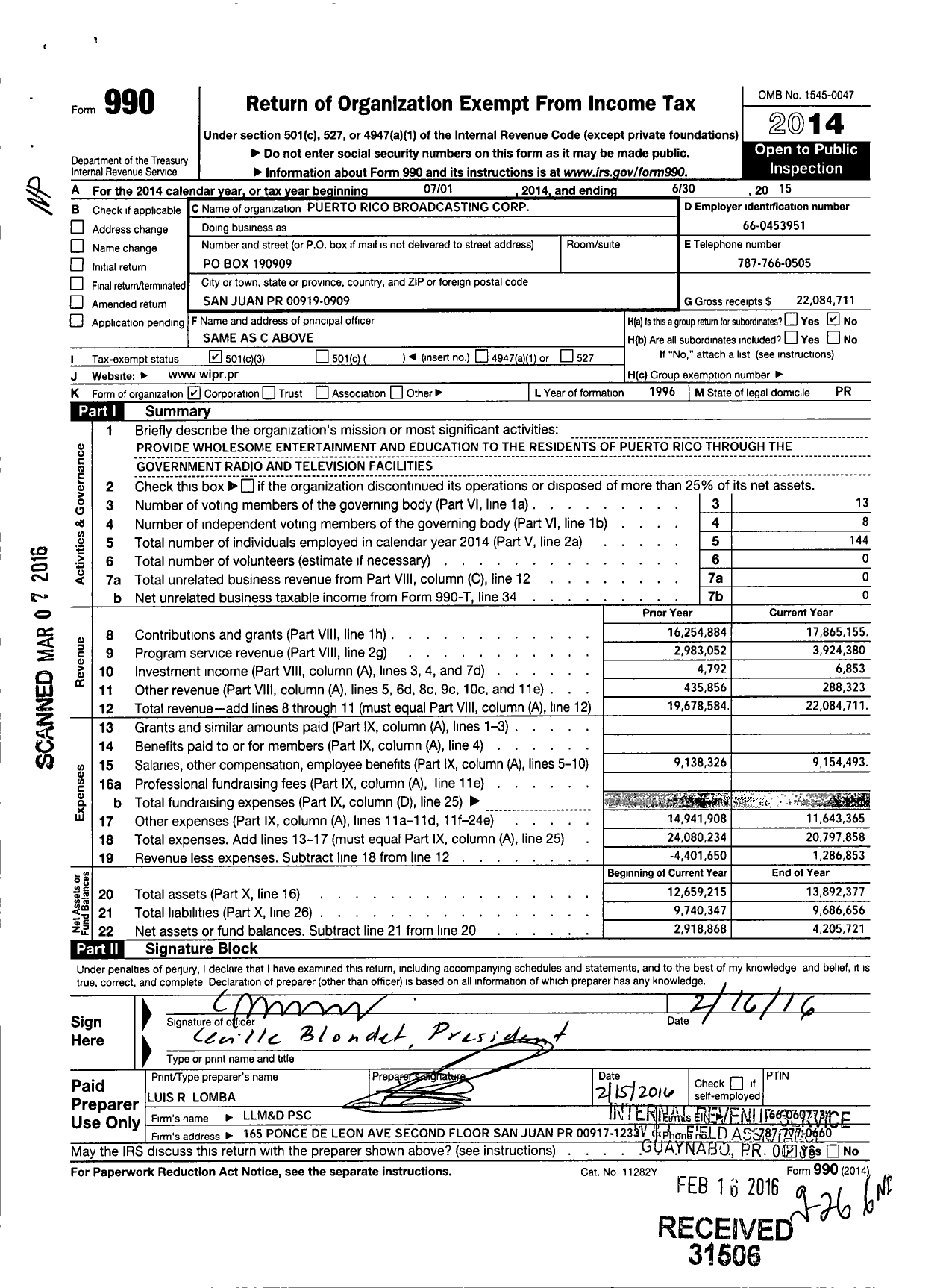 Image of first page of 2014 Form 990 for Puerto Rico Broadcasting Corporation