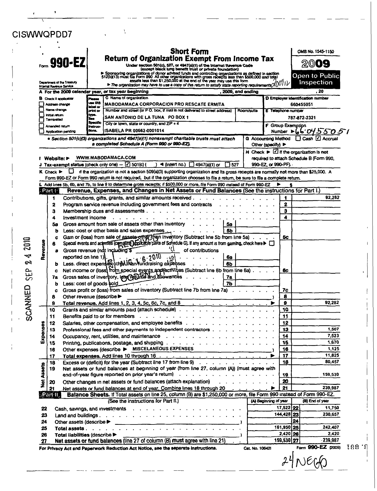 Image of first page of 2009 Form 990EO for Mabodamaca Corporacion Pro-Rescate Ermita San Antonio de La Tuna