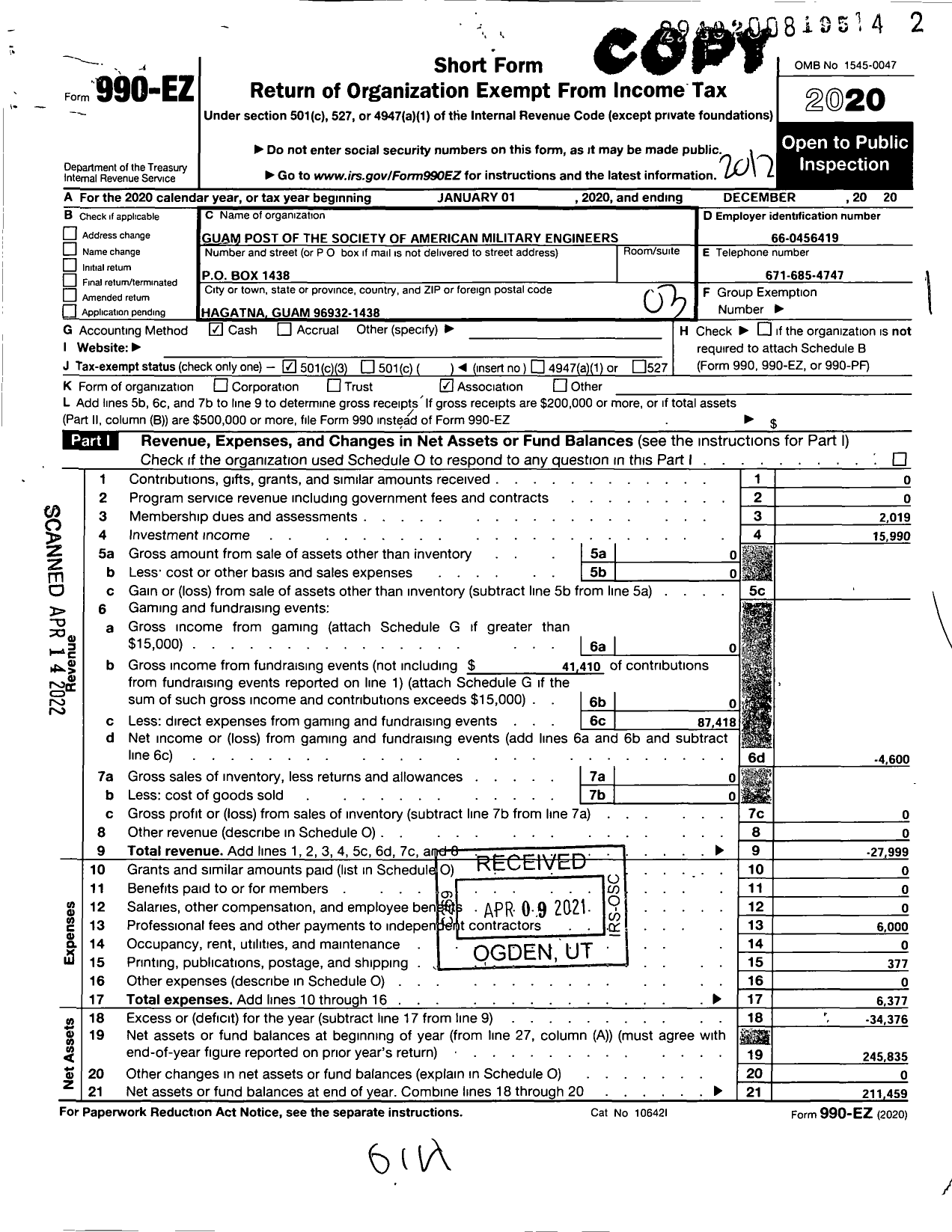 Image of first page of 2020 Form 990EZ for Society of American Military Engineers / S A M E Guam Post