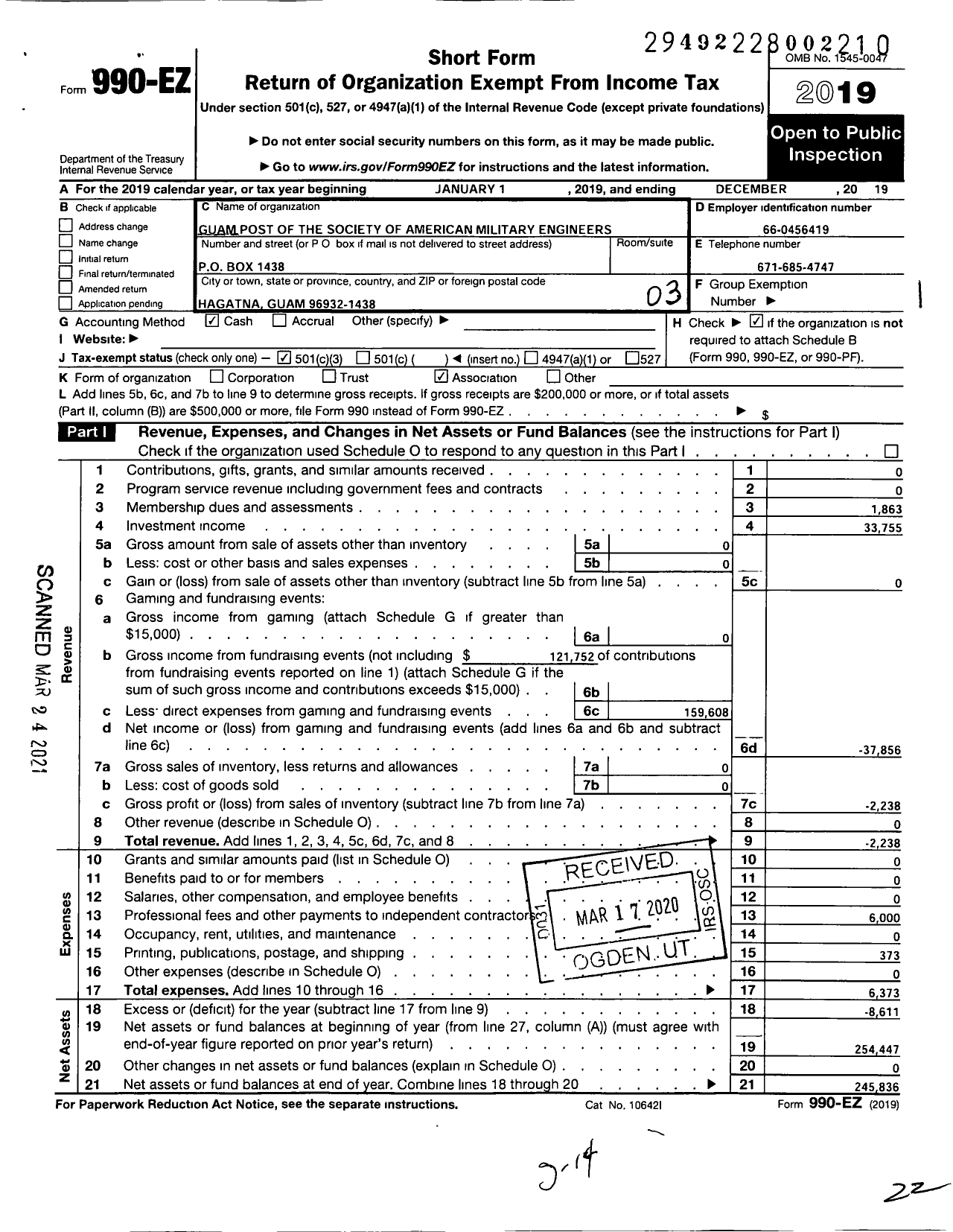 Image of first page of 2019 Form 990EZ for Society of American Military Engineers / S A M E Guam Post