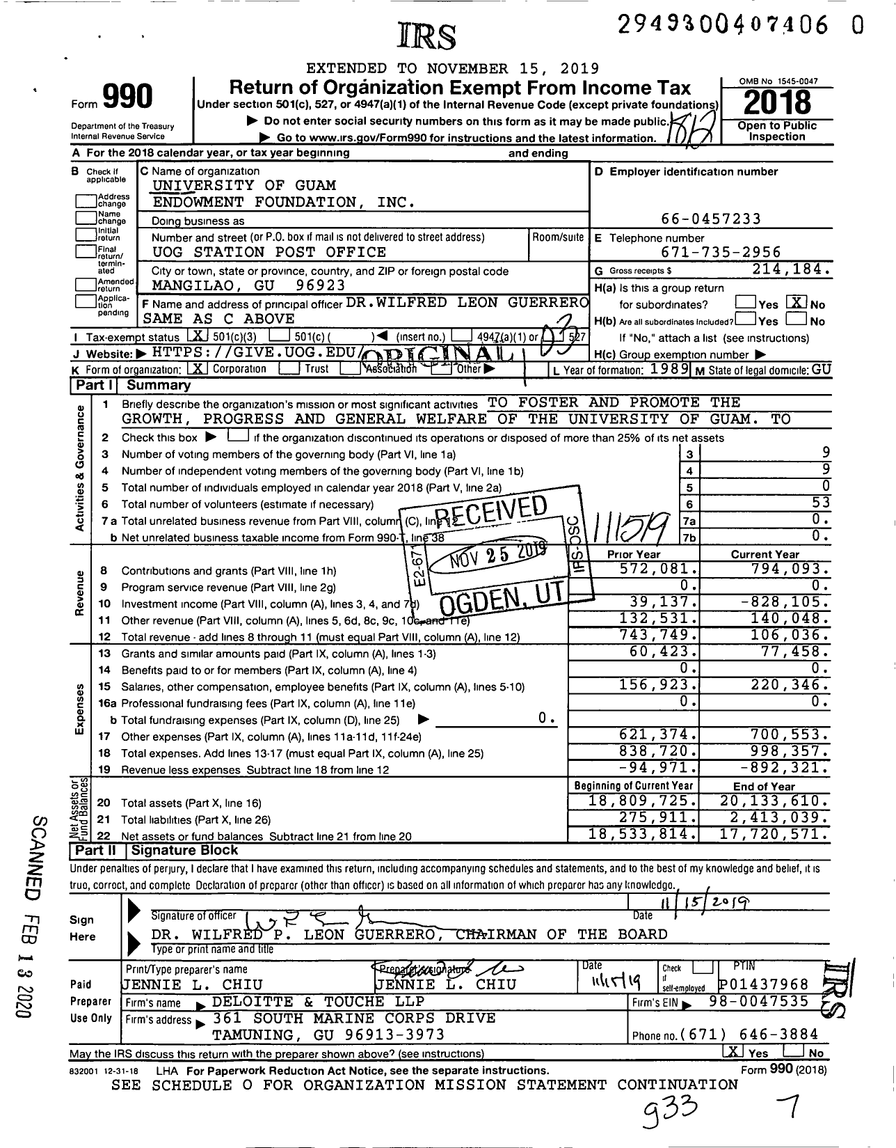 Image of first page of 2018 Form 990 for University of Guam Endowment Foundation (UOG)