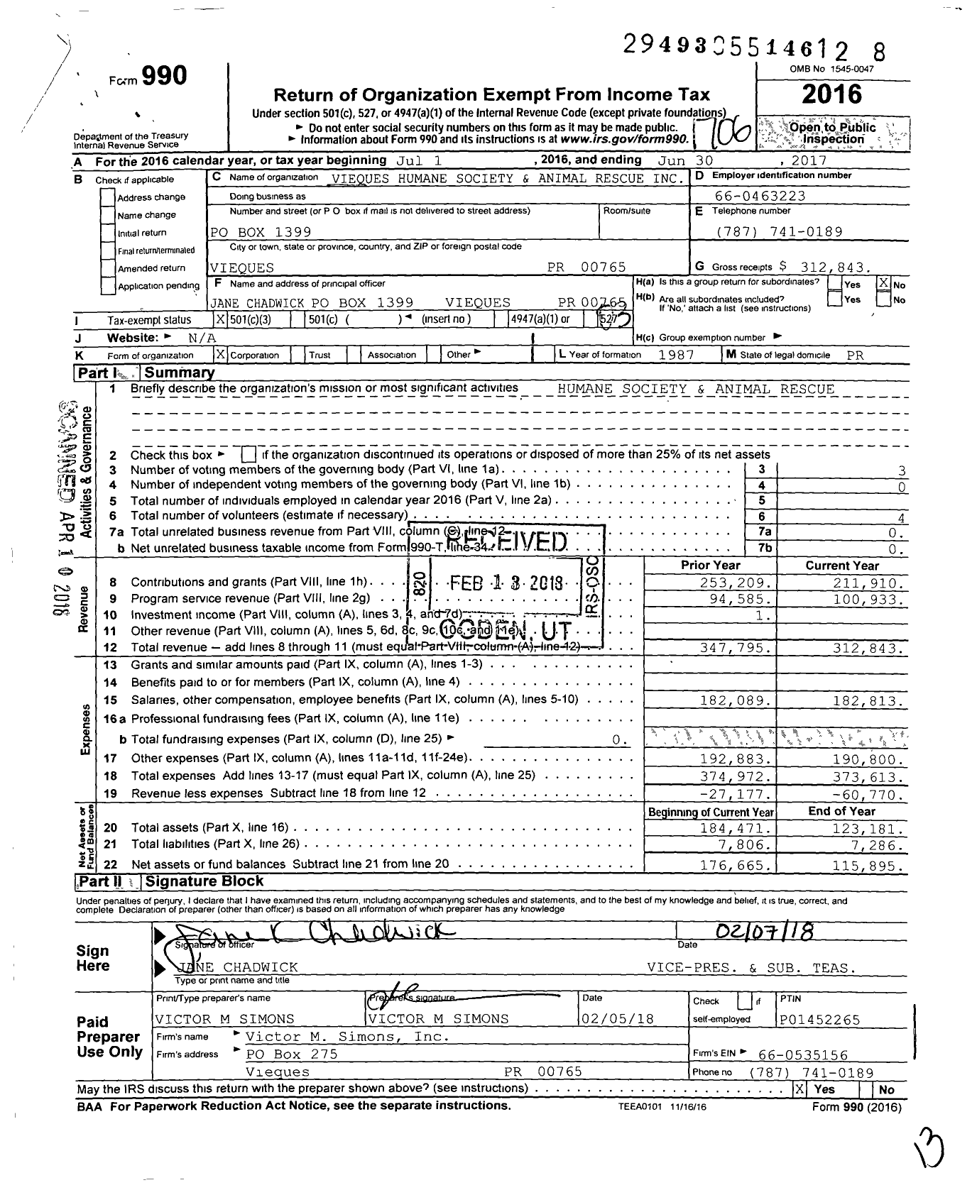 Image of first page of 2016 Form 990 for Vieques Humane Society and Animal Rescue