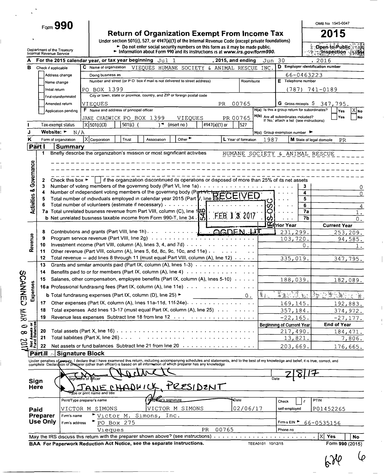 Image of first page of 2015 Form 990 for Vieques Humane Society and Animal Rescue