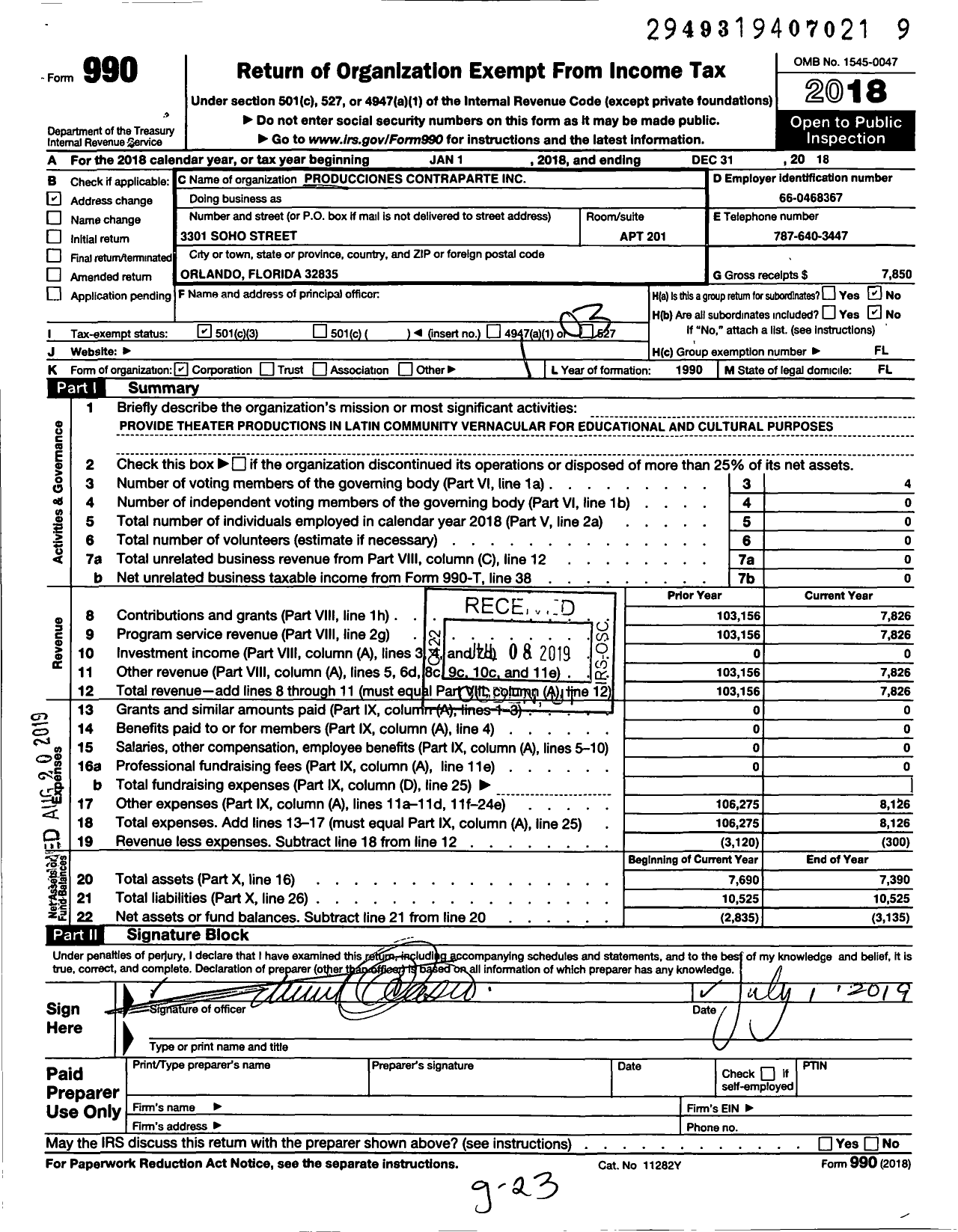 Image of first page of 2018 Form 990 for Produciones Contraparte