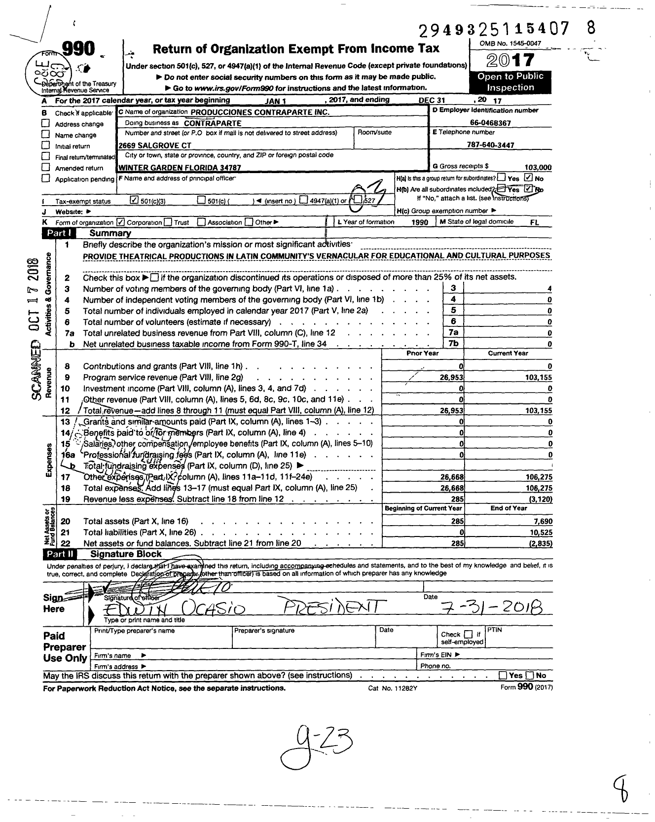 Image of first page of 2017 Form 990 for Produciones Contraparte