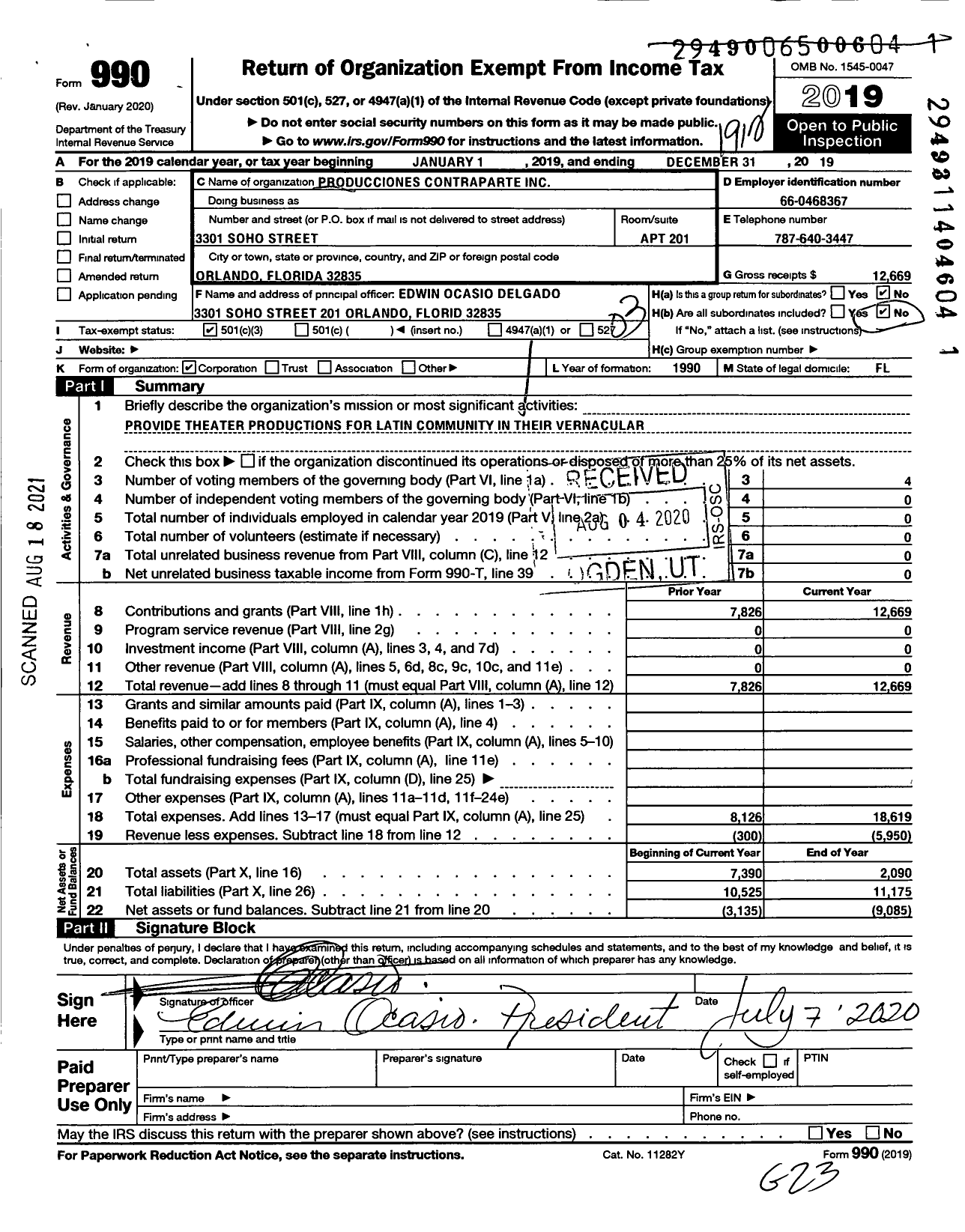 Image of first page of 2019 Form 990 for Produciones Contraparte