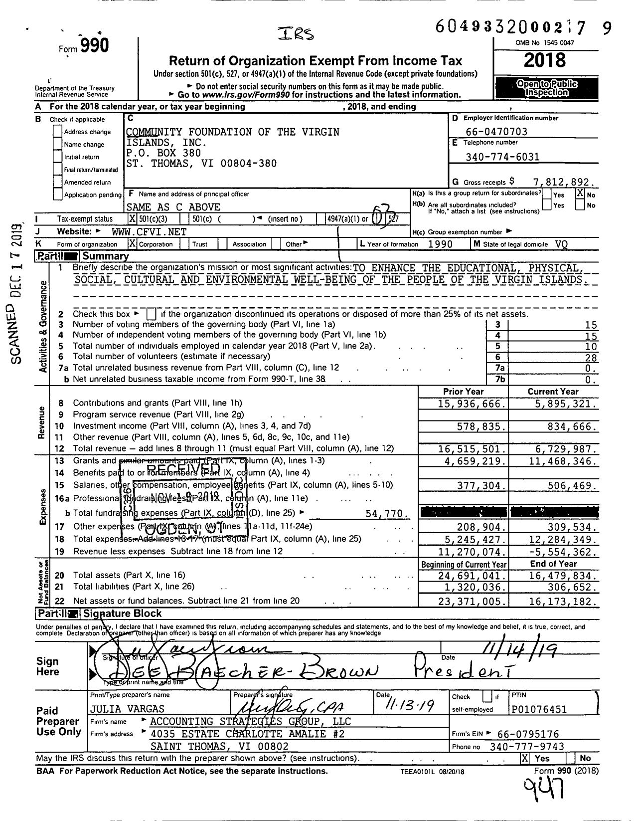 Image of first page of 2018 Form 990 for Community Foundation of the Virgin Islands (CFVI)