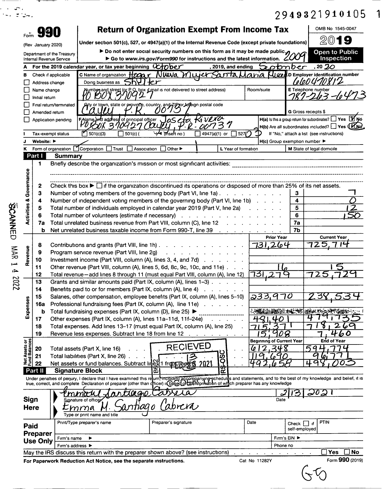 Image of first page of 2019 Form 990 for Hogar Nueva Mujer