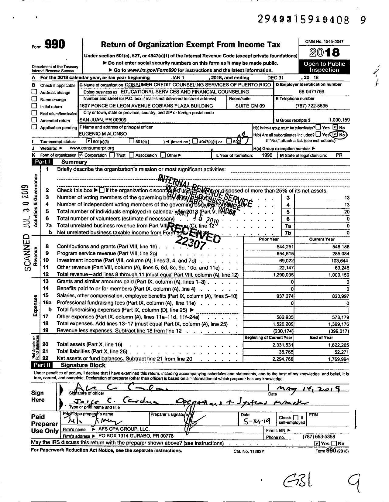 Image of first page of 2018 Form 990 for Consumer Credit Counseling Services of Puerto Rico (OBCDC)