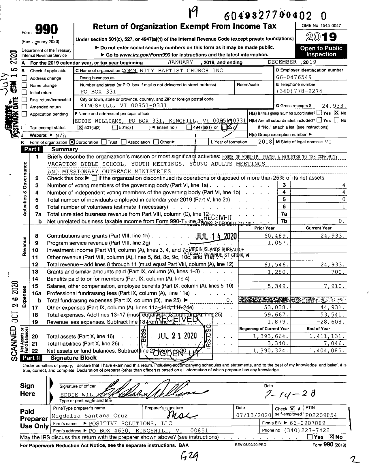 Image of first page of 2019 Form 990 for Community Baptist Church